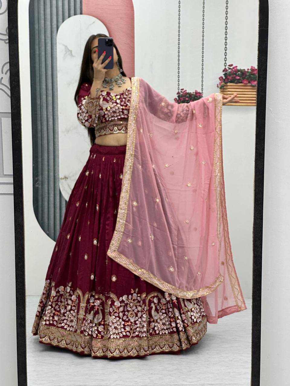 Premium Vichitra Silk with Heavy Embroidery Sequence & Thread Work Lehenga Choli Set