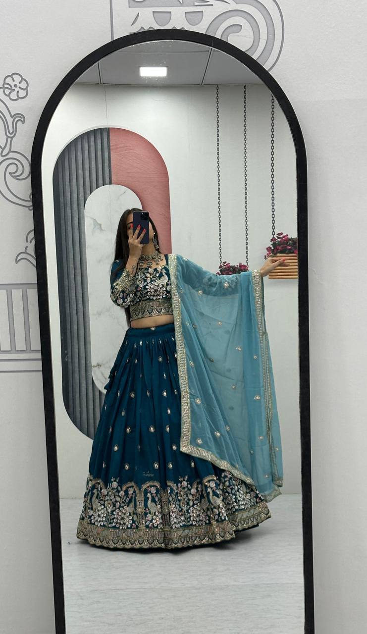 Premium Vichitra Silk with Heavy Embroidery Sequence & Thread Work Lehenga Choli Set