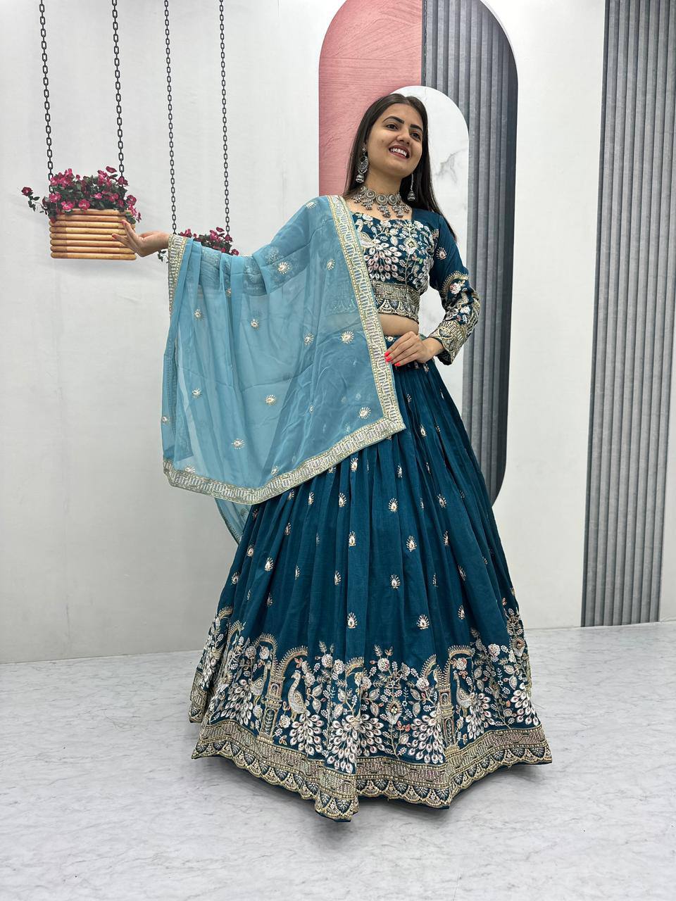 Premium Vichitra Silk with Heavy Embroidery Sequence & Thread Work Lehenga Choli Set