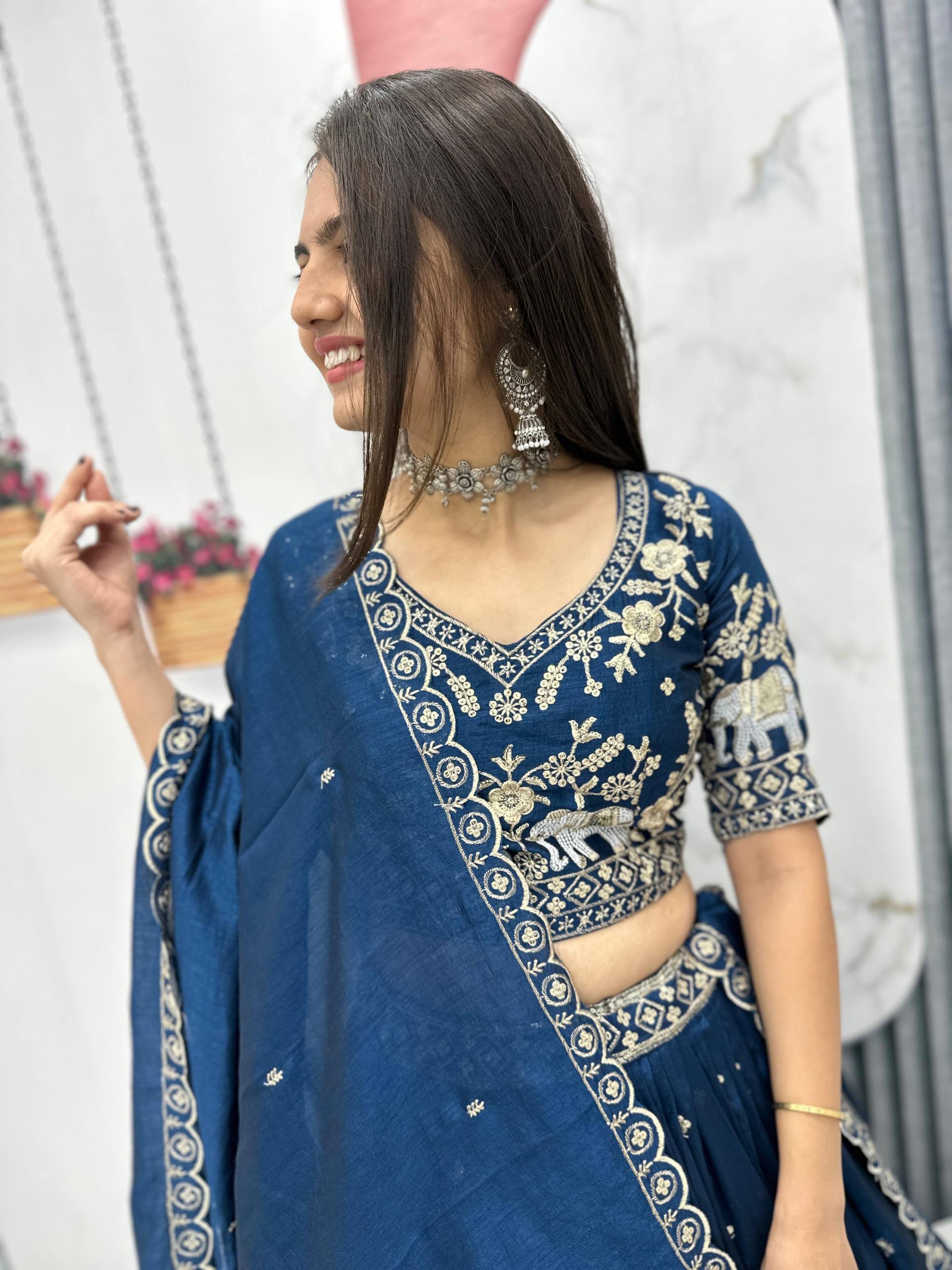 Pure Vichitra Silk Heavy Embroidered Lehenga Set with Dupatta
