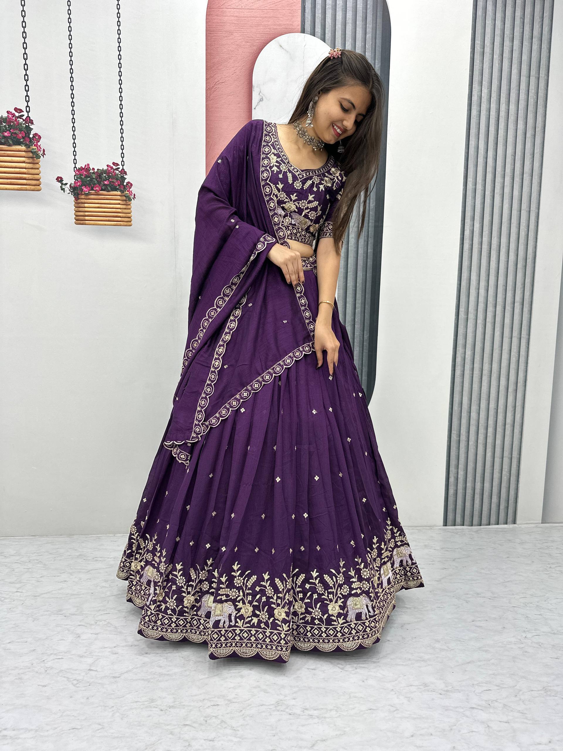 Pure Vichitra Silk Heavy Embroidered Lehenga Set with Dupatta