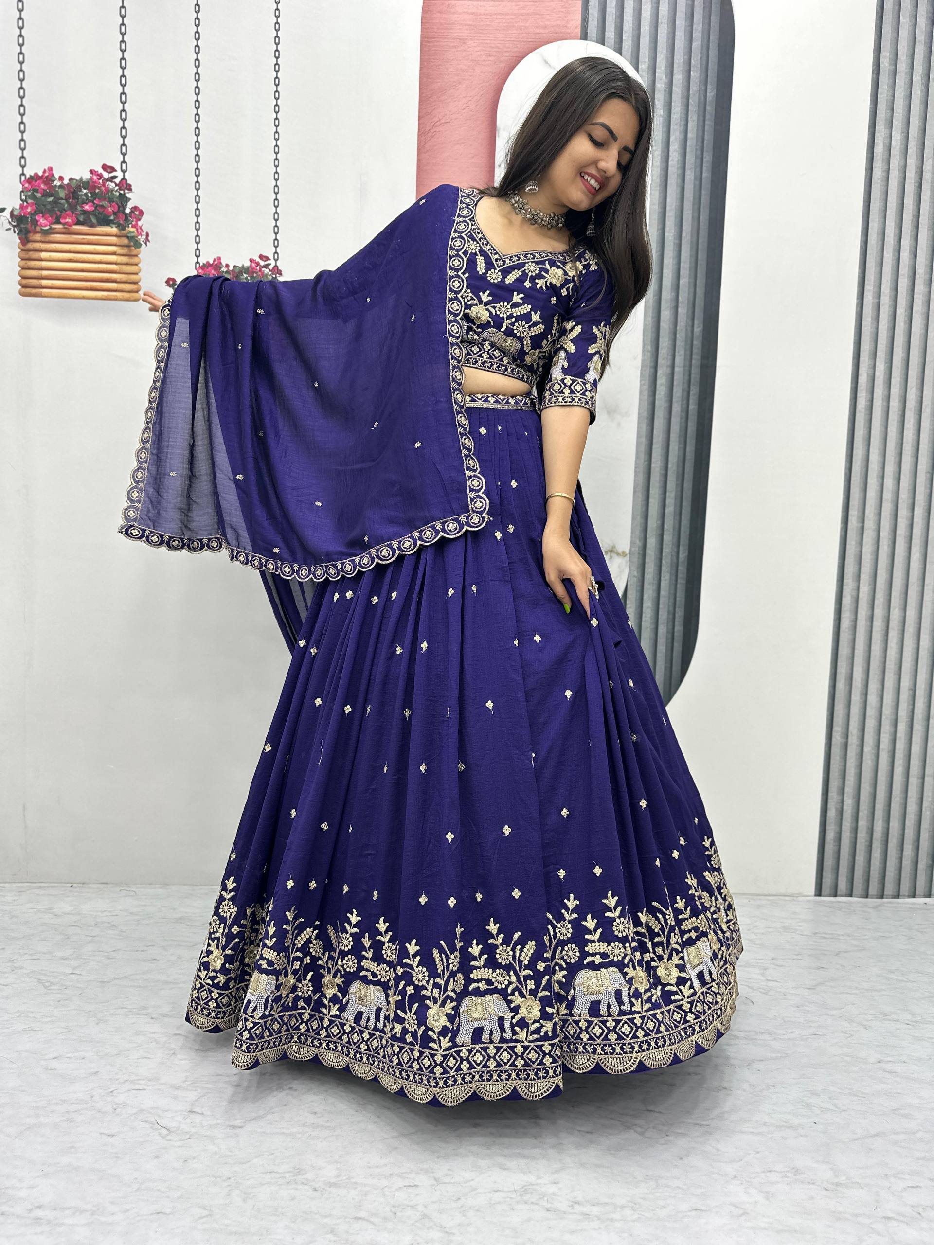 Pure Vichitra Silk Heavy Embroidered Lehenga Set with Dupatta