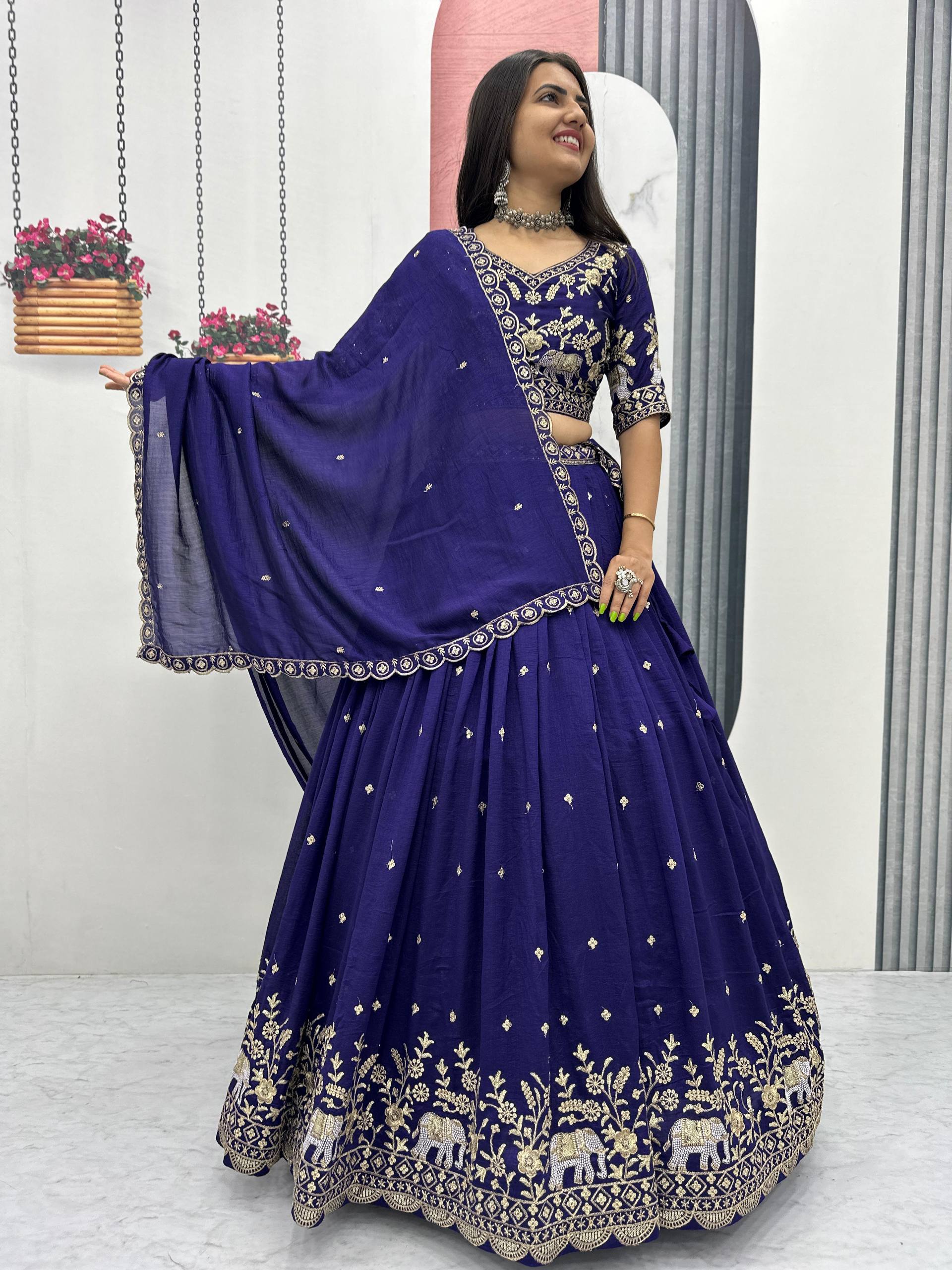 Pure Vichitra Silk Heavy Embroidered Lehenga Set with Dupatta