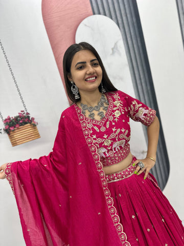 Pure Vichitra Silk Heavy Embroidered Lehenga Set with Dupatta
