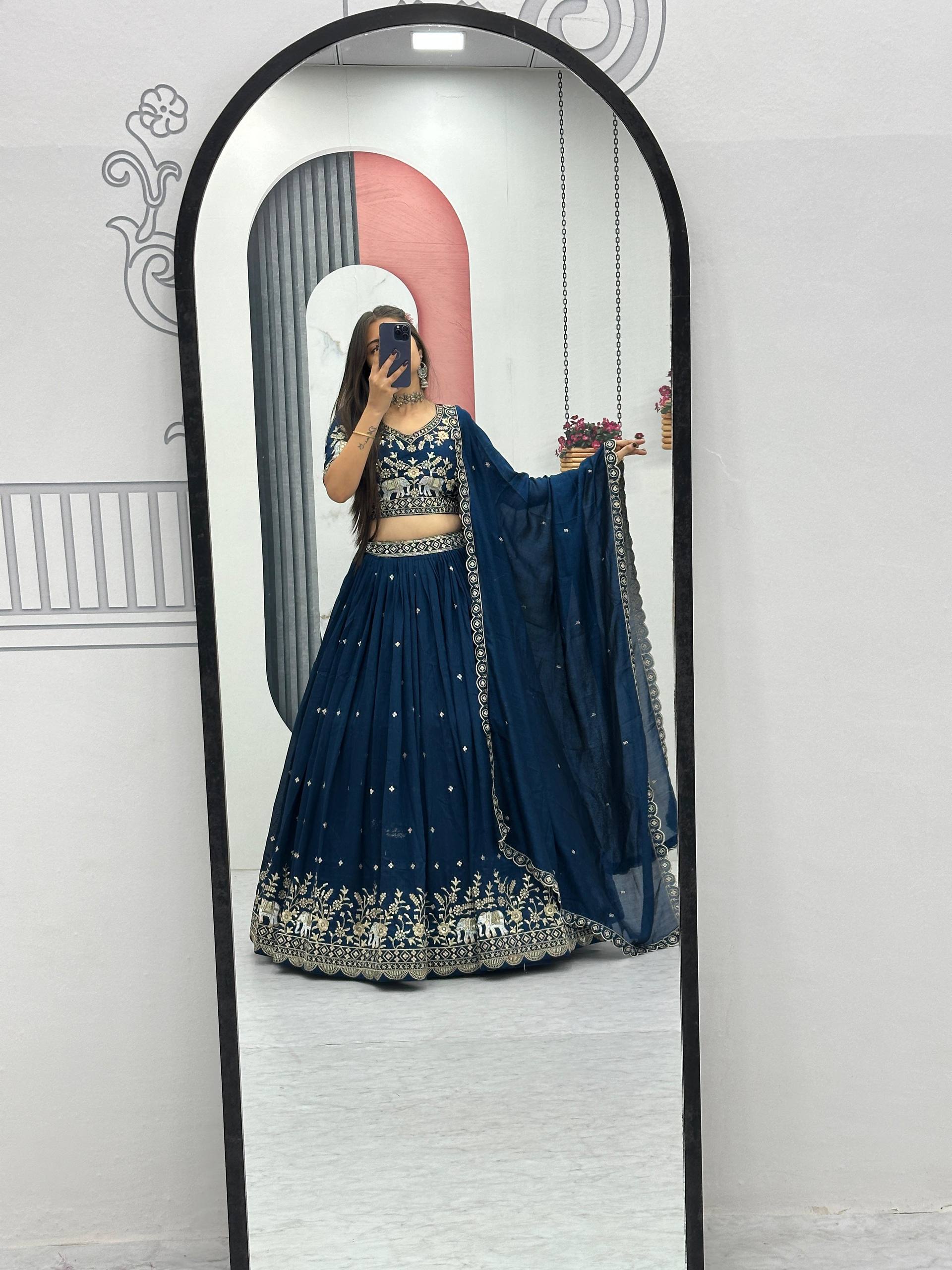 Pure Vichitra Silk Heavy Embroidered Lehenga Set with Dupatta
