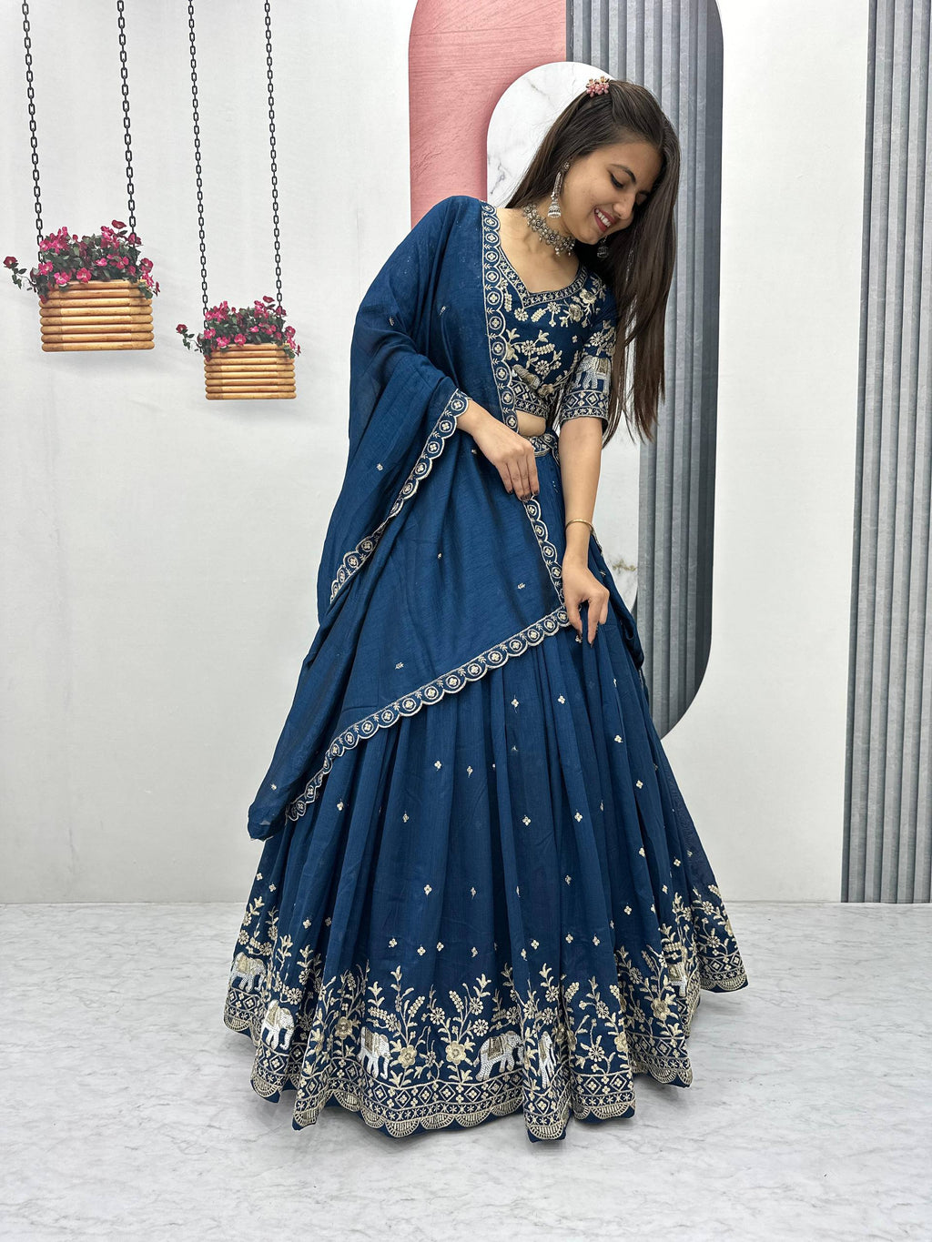 Pure Vichitra Silk Heavy Embroidered Lehenga Set with Dupatta
