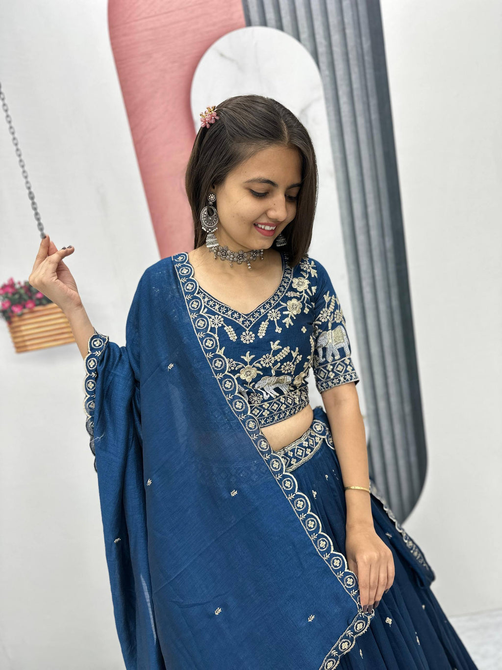 Pure Vichitra Silk Heavy Embroidered Lehenga Set with Dupatta
