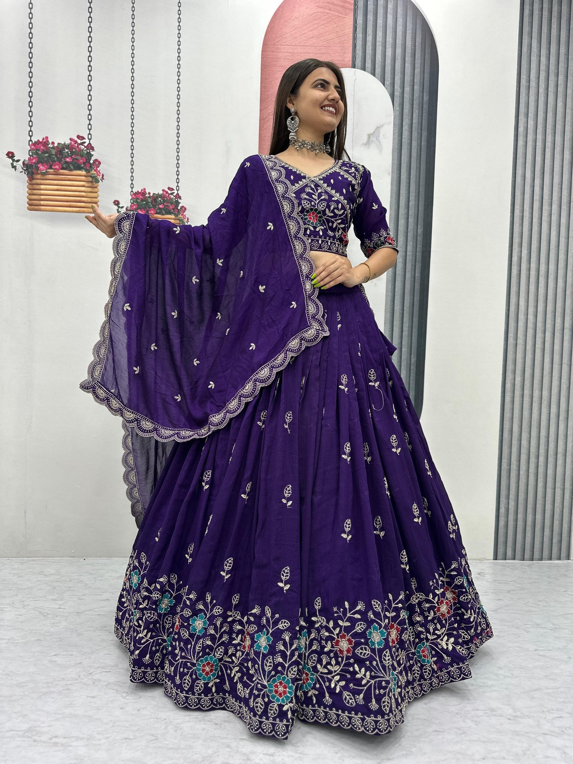 Heavy Embroidered Pure Blooming Vichitra Silk Lehenga Choli Set
