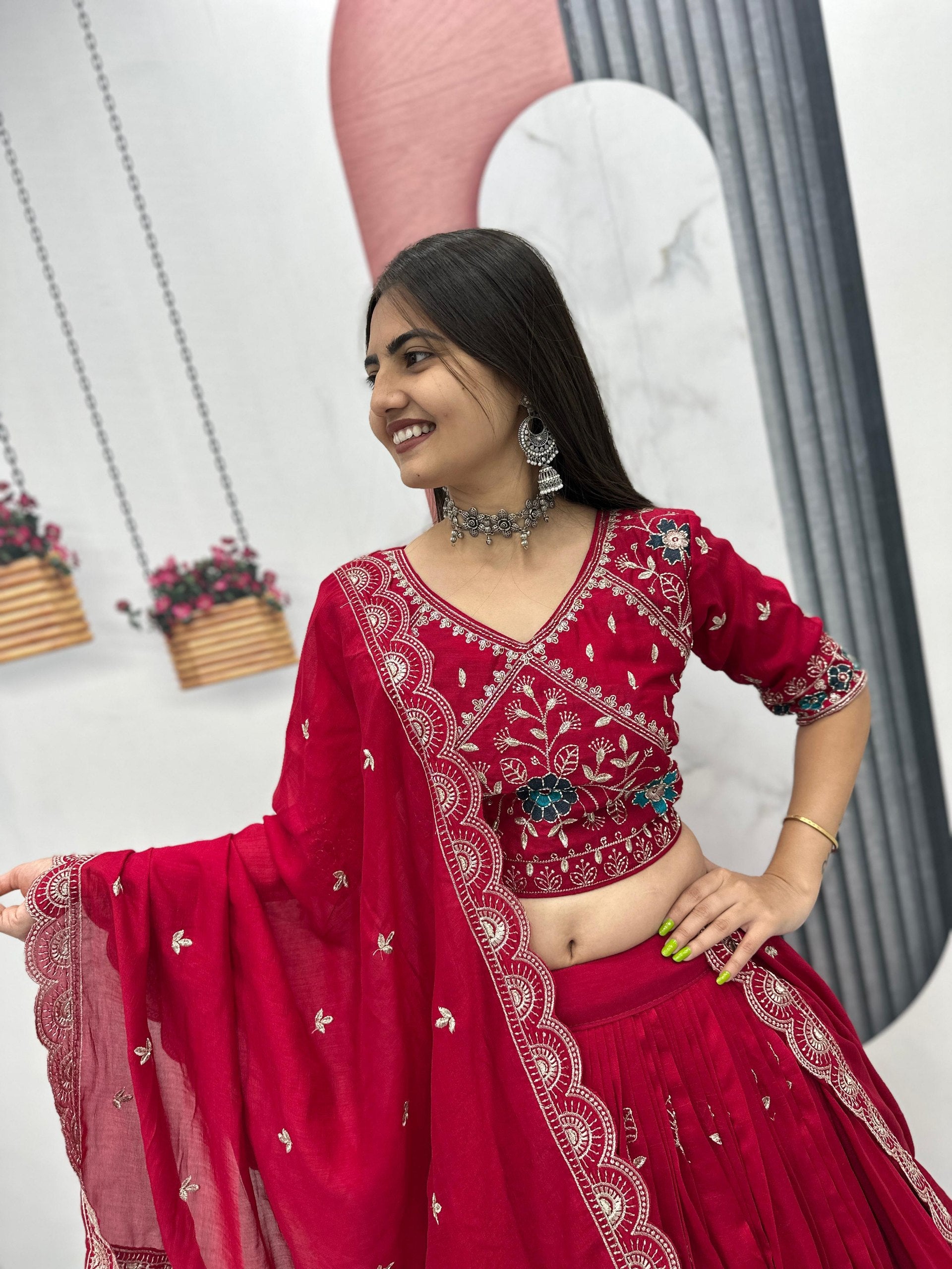 Heavy Embroidered Pure Blooming Vichitra Silk Lehenga Choli Set