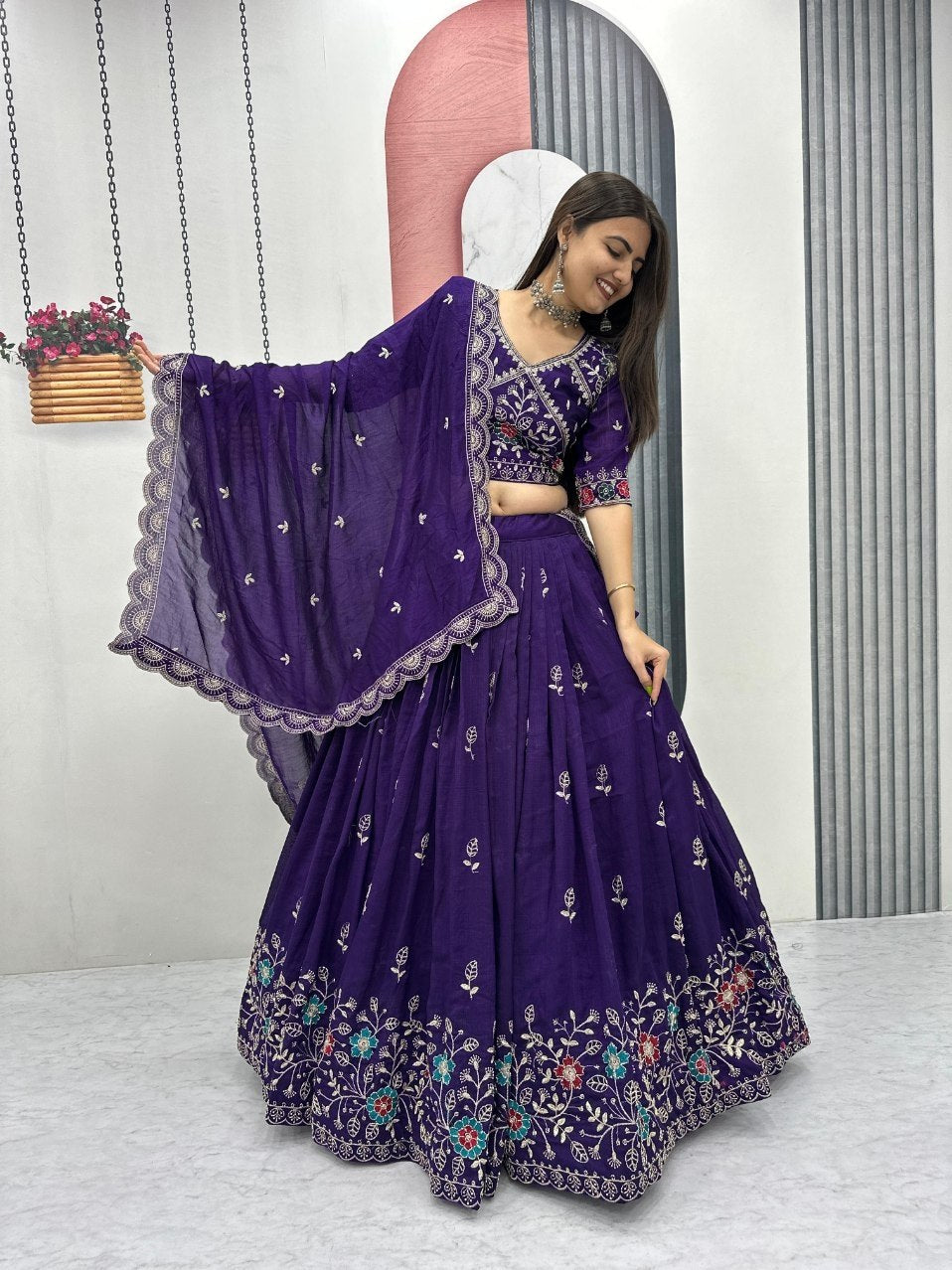 Heavy Embroidered Pure Blooming Vichitra Silk Lehenga Choli Set