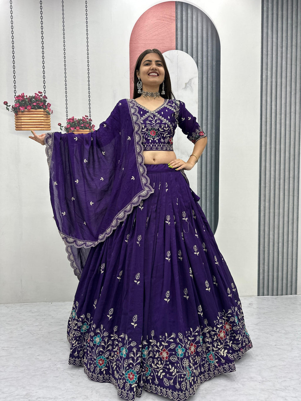 Heavy Embroidered Pure Blooming Vichitra Silk Lehenga Choli Set
