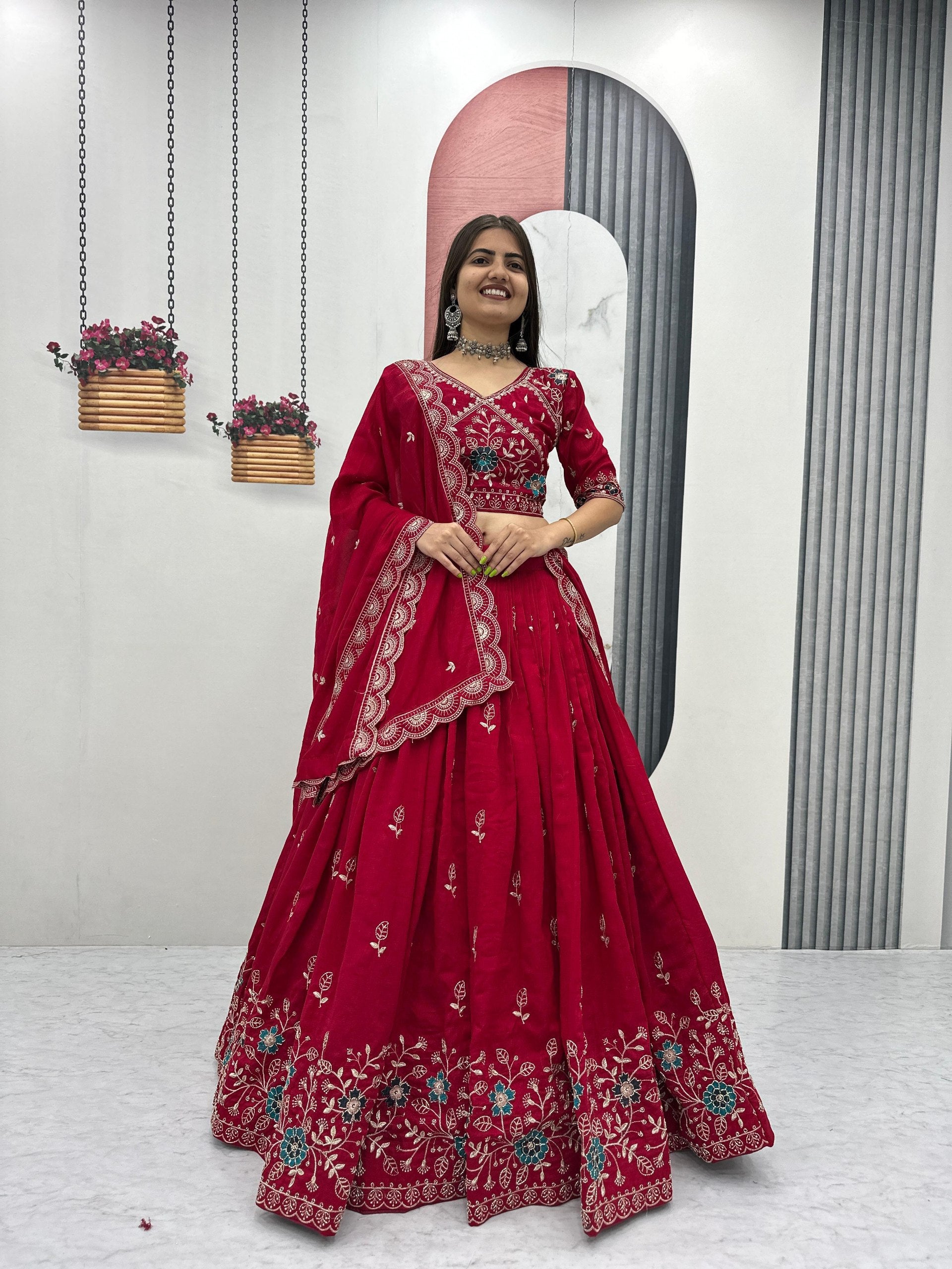 Heavy Embroidered Pure Blooming Vichitra Silk Lehenga Choli Set