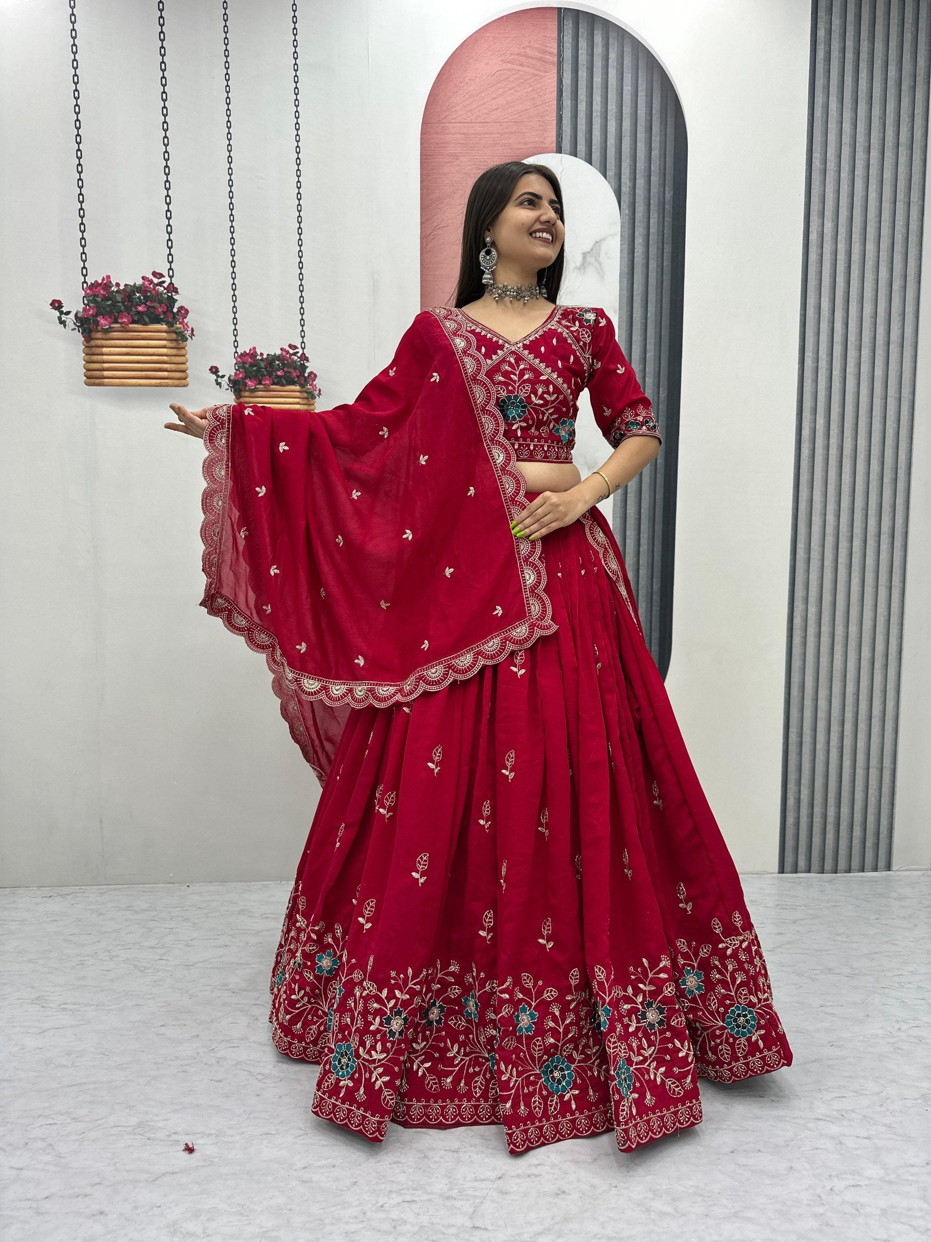 Heavy Embroidered Pure Blooming Vichitra Silk Lehenga Choli Set
