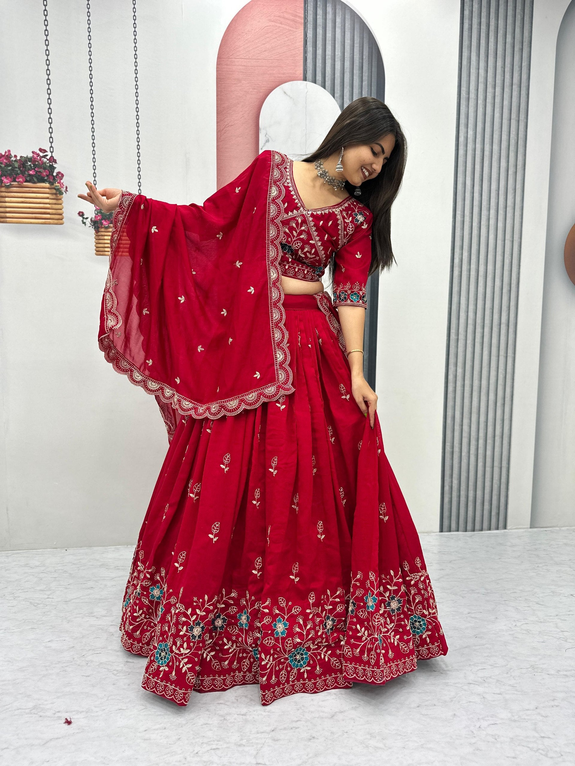 Heavy Embroidered Pure Blooming Vichitra Silk Lehenga Choli Set

