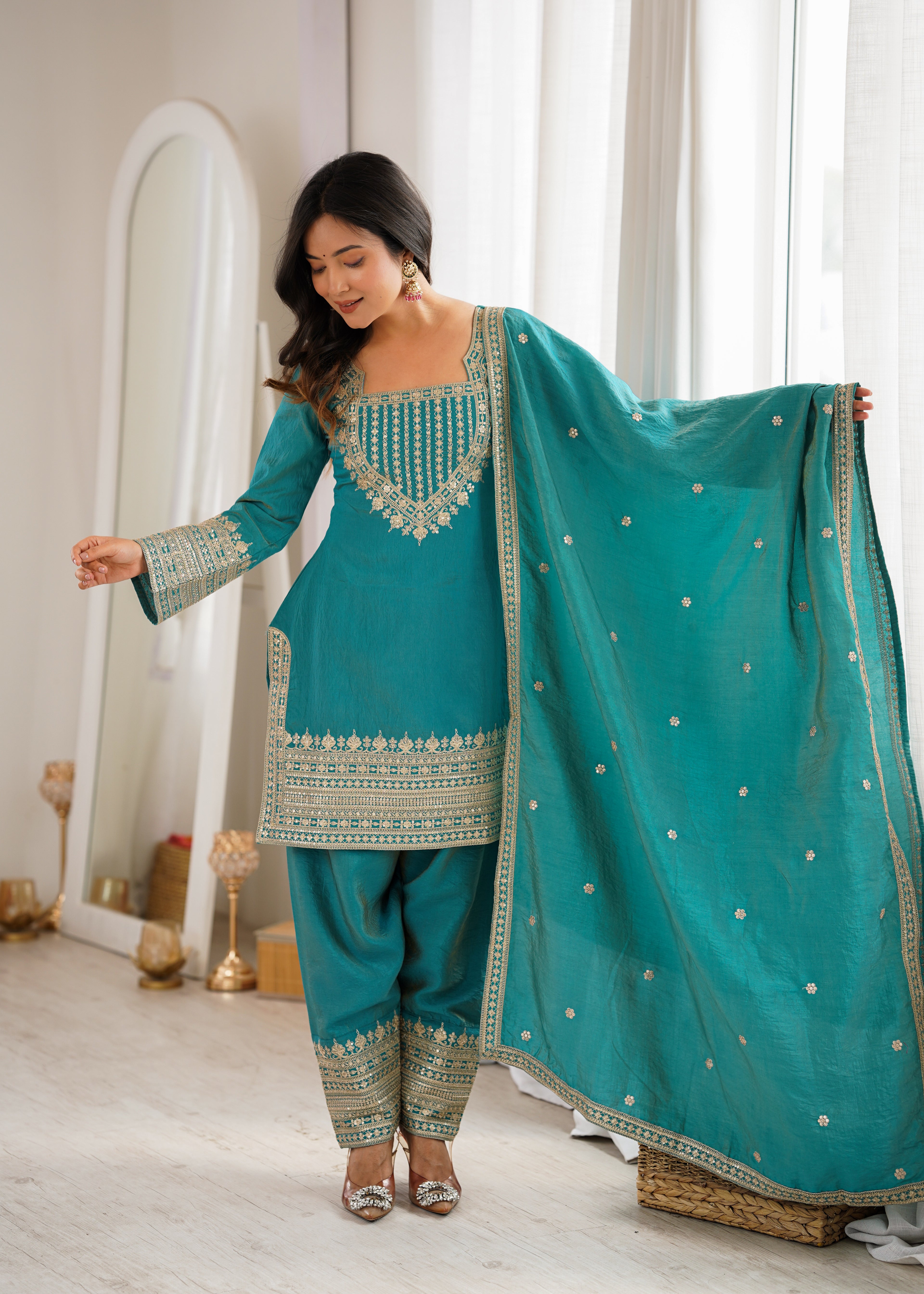 Royal Green NC Vichitra Silk Fancy Kurta with Farshi Shalwar and Dupatta
