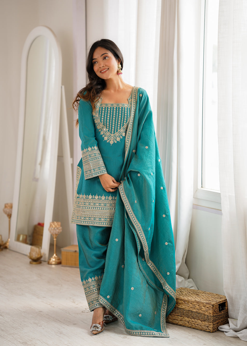 Royal Green NC Vichitra Silk Fancy Kurta with Farshi Shalwar and Dupatta
