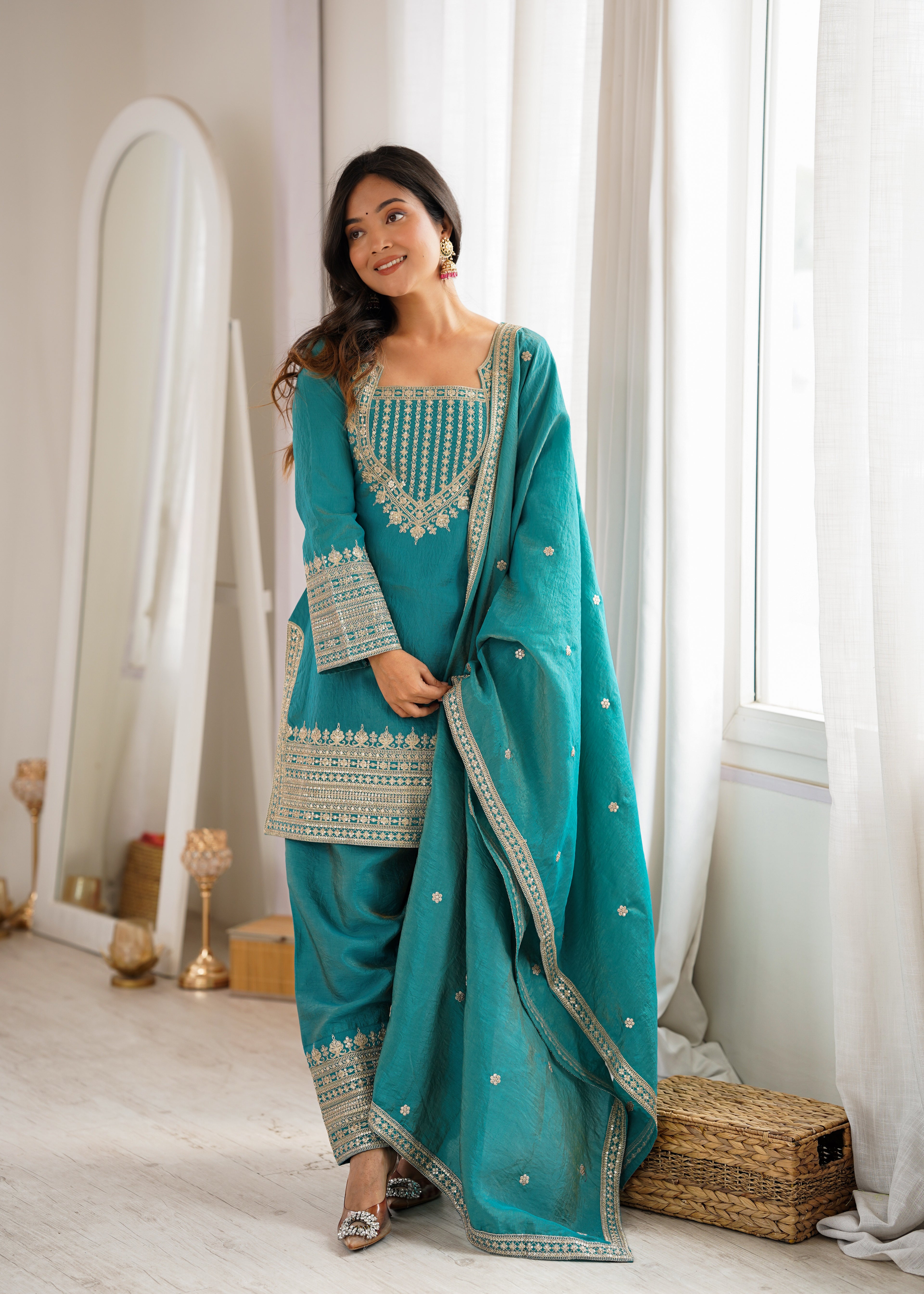 Royal Green NC Vichitra Silk Fancy Kurta with Farshi Shalwar and Dupatta
