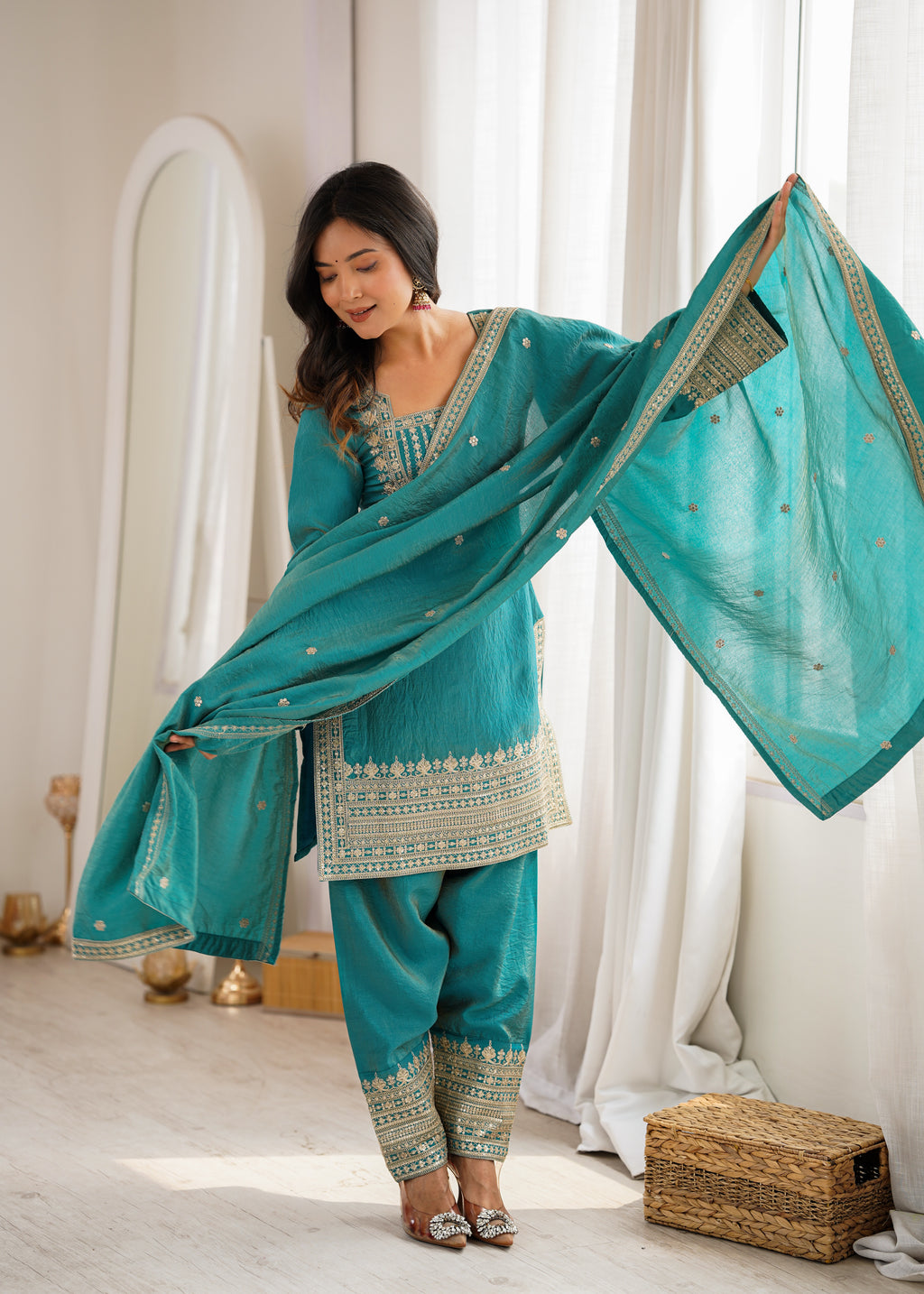 Royal Green NC Vichitra Silk Fancy Kurta with Farshi Shalwar and Dupatta
