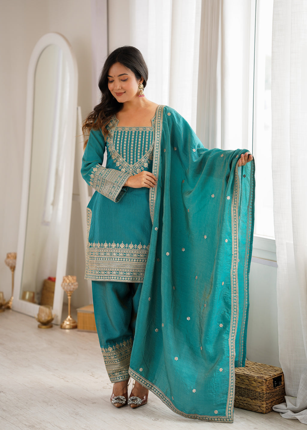 Royal Green NC Vichitra Silk Fancy Kurta with Farshi Shalwar and Dupatta
