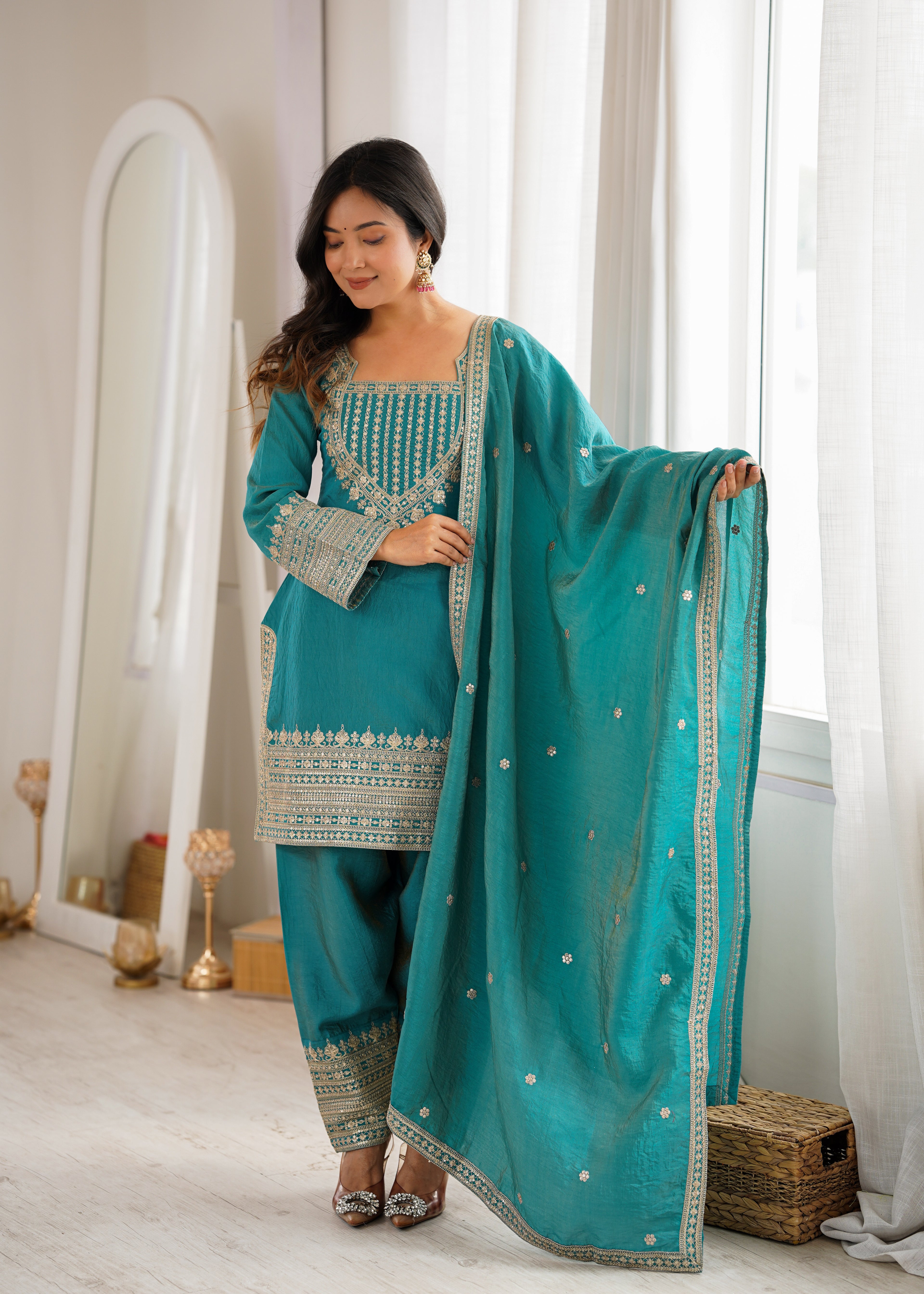 Royal Green NC Vichitra Silk Fancy Kurta with Farshi Shalwar and Dupatta
