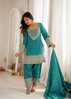 Royal Green NC Vichitra Silk Fancy Kurta with Farshi Shalwar and Dupatta
