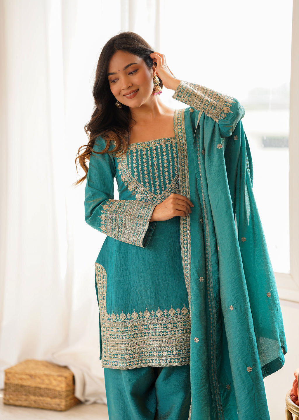 Royal Green NC Vichitra Silk Fancy Kurta with Farshi Shalwar and Dupatta
