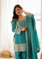 Royal Green NC Vichitra Silk Fancy Kurta with Farshi Shalwar and Dupatta
