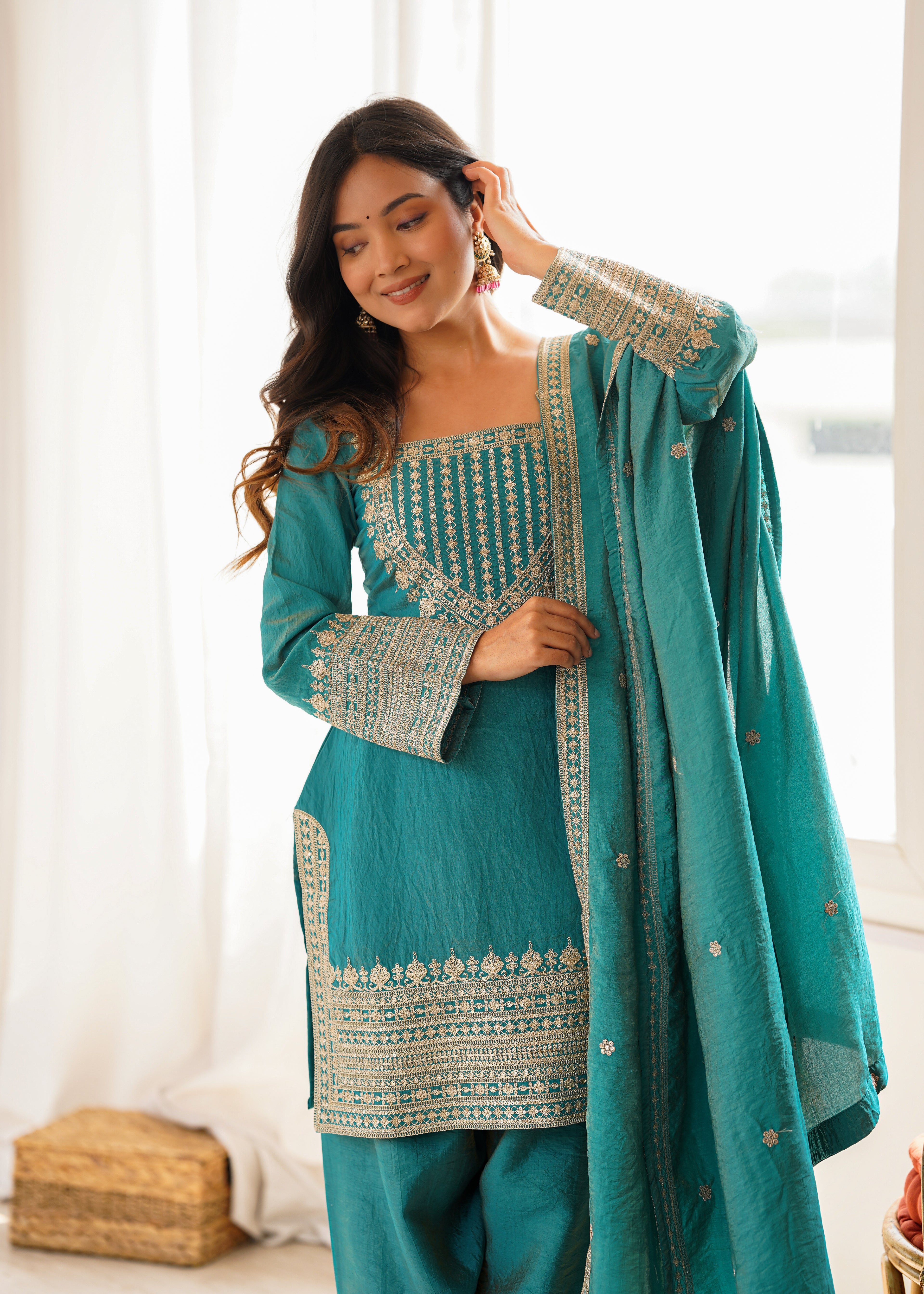 Royal Green NC Vichitra Silk Fancy Kurta with Farshi Shalwar and Dupatta

