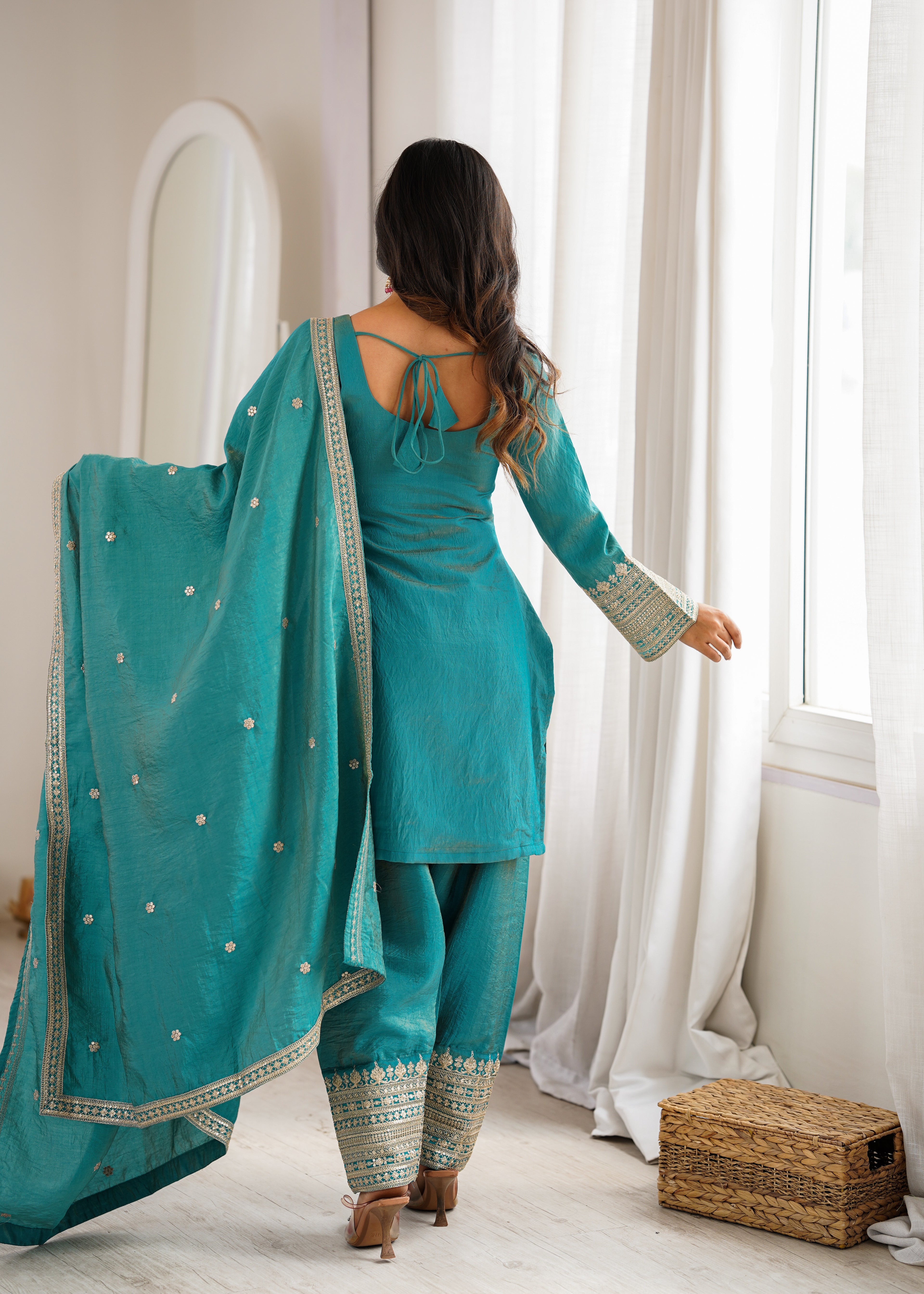 Royal Green NC Vichitra Silk Fancy Kurta with Farshi Shalwar and Dupatta
