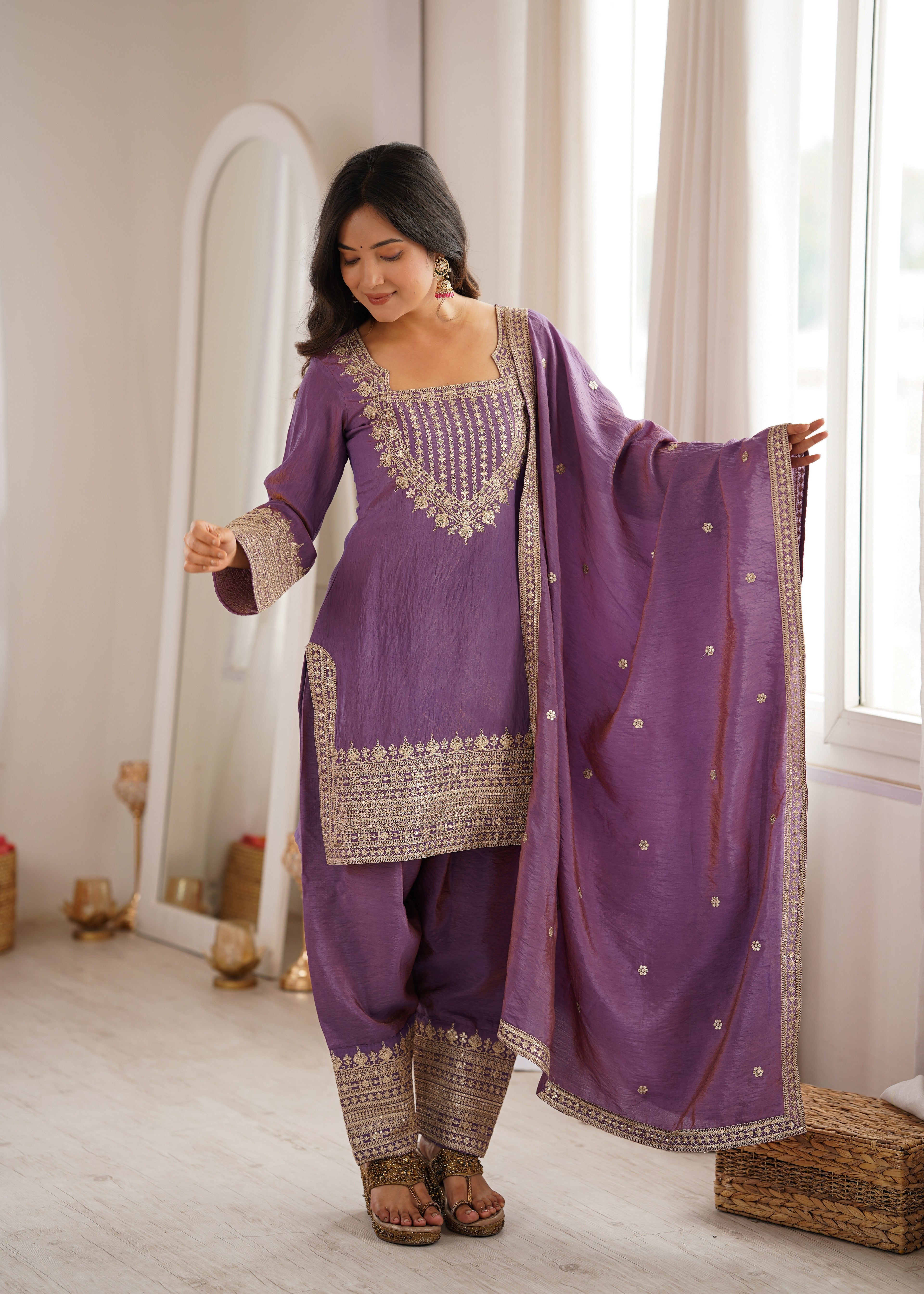 Wedding Special Purple NC Vichitra Silk Designer Farshi Shalwar Collection
