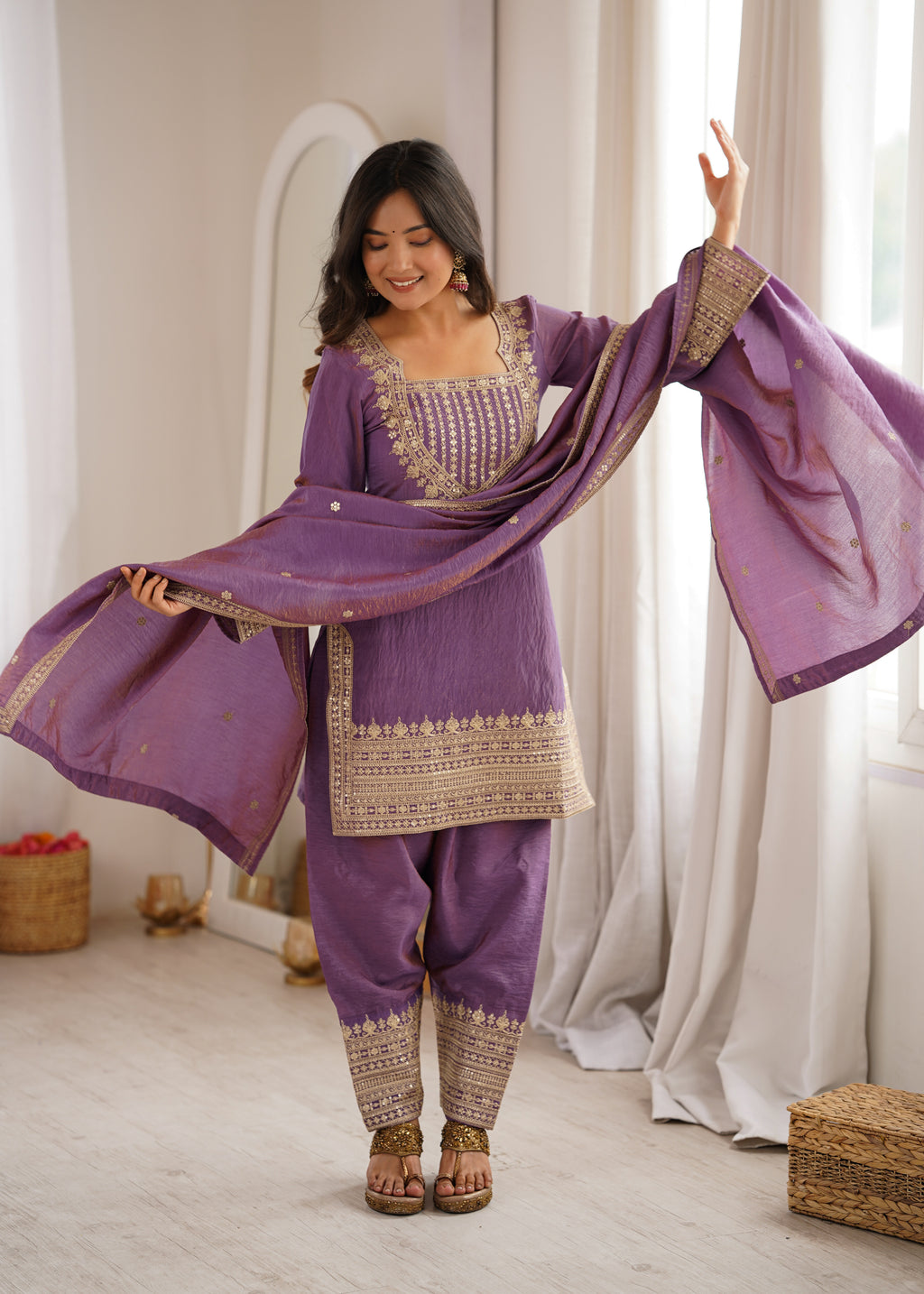 Wedding Special Purple NC Vichitra Silk Designer Farshi Shalwar Collection
