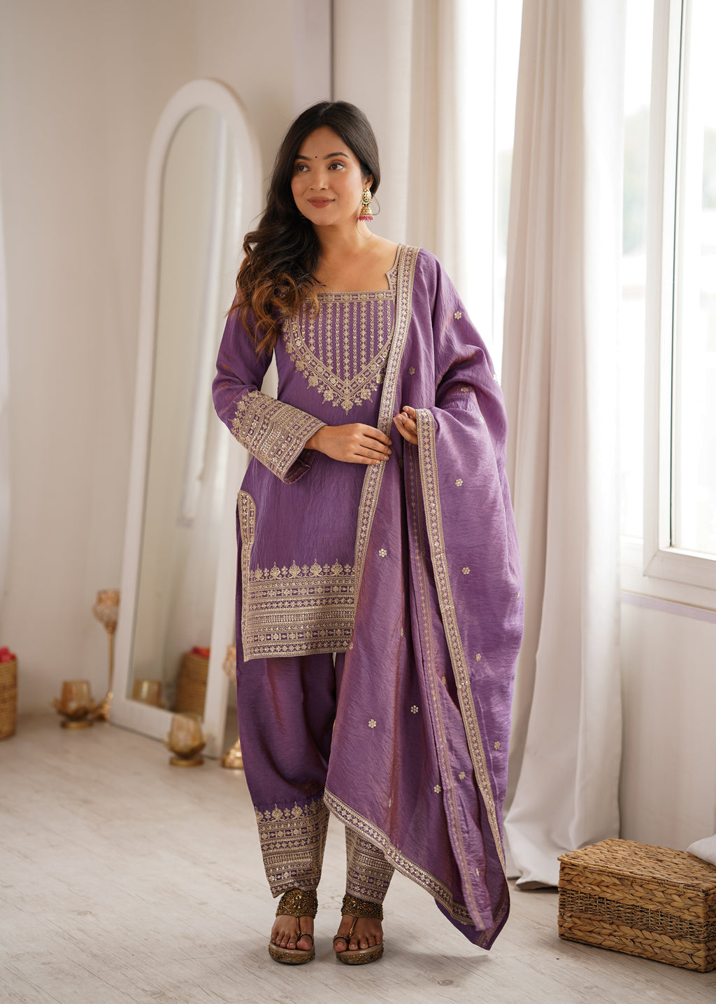 Wedding Special Purple NC Vichitra Silk Designer Farshi Shalwar Collection
