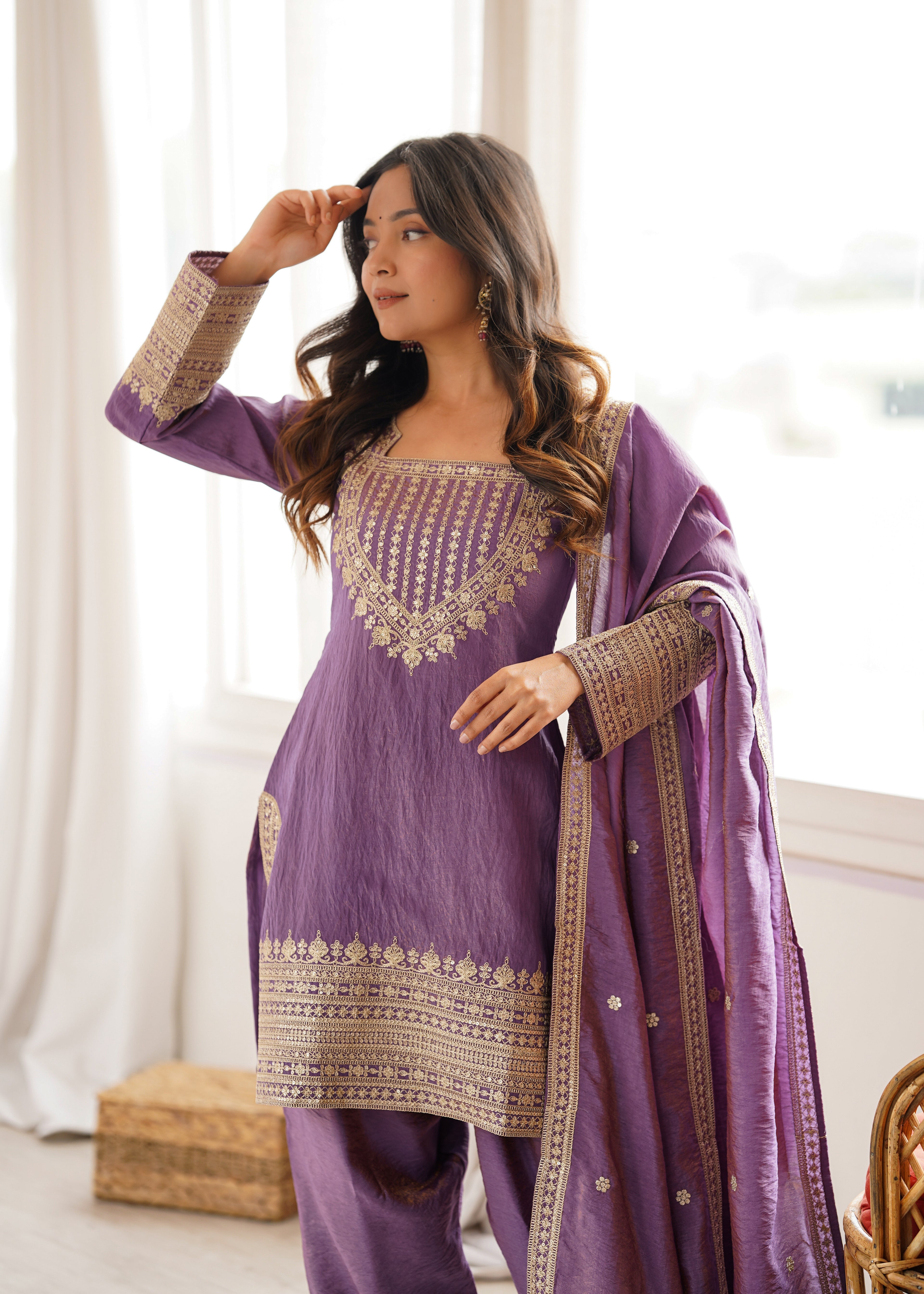 Wedding Special Purple NC Vichitra Silk Designer Farshi Shalwar Collection
