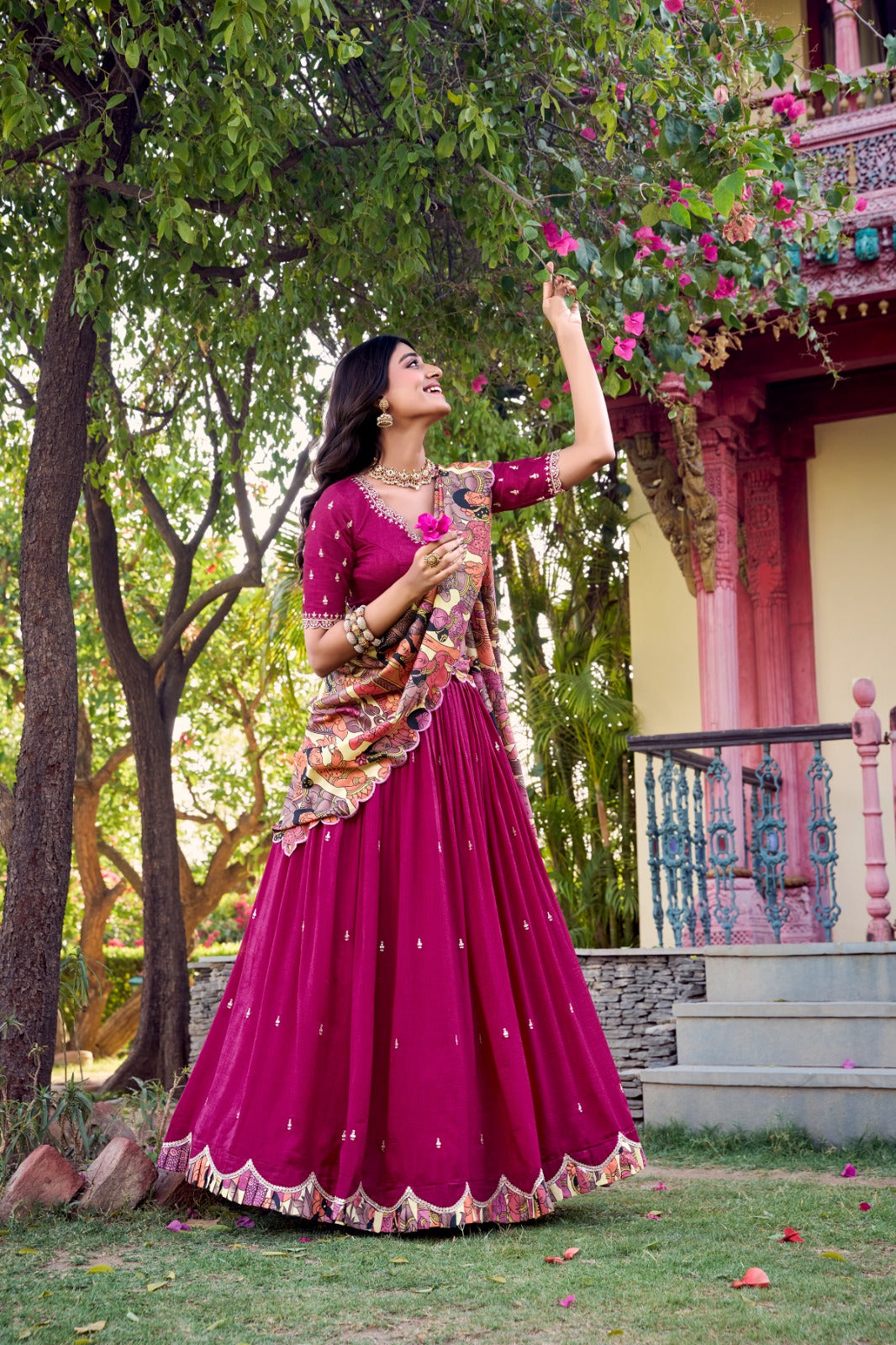 Traditional Glamour in Vichitra Silk Lehenga Choli with Kalamkari Dupatta