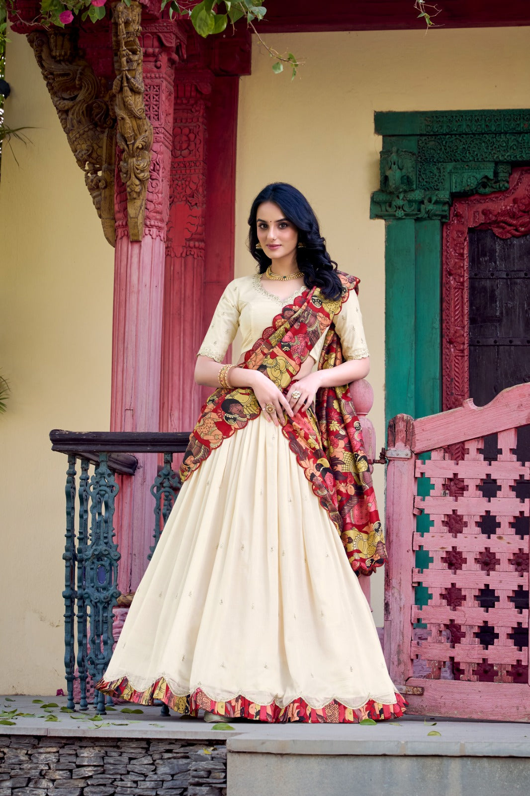 Traditional Glamour in Vichitra Silk Lehenga Choli with Kalamkari Dupatta