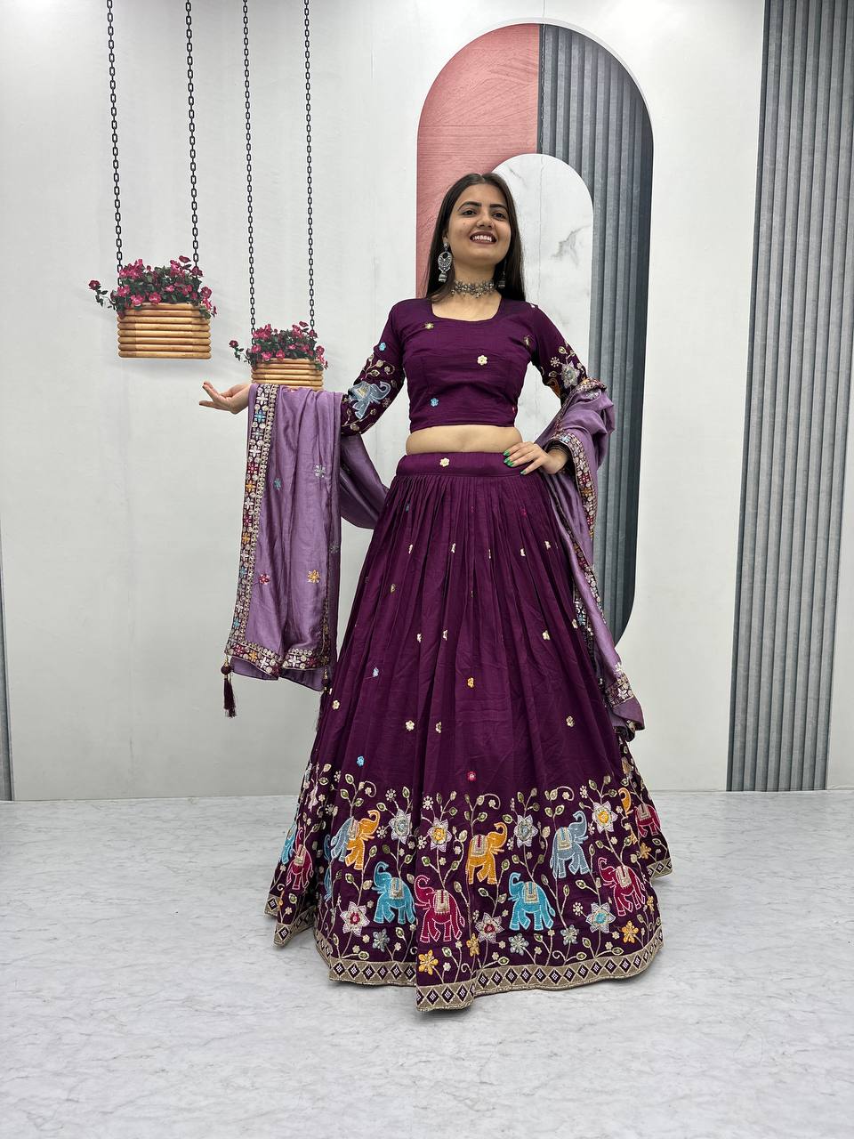 Elegant Pure Vichitra Silk Lehenga And Choli with Silk Dupatta