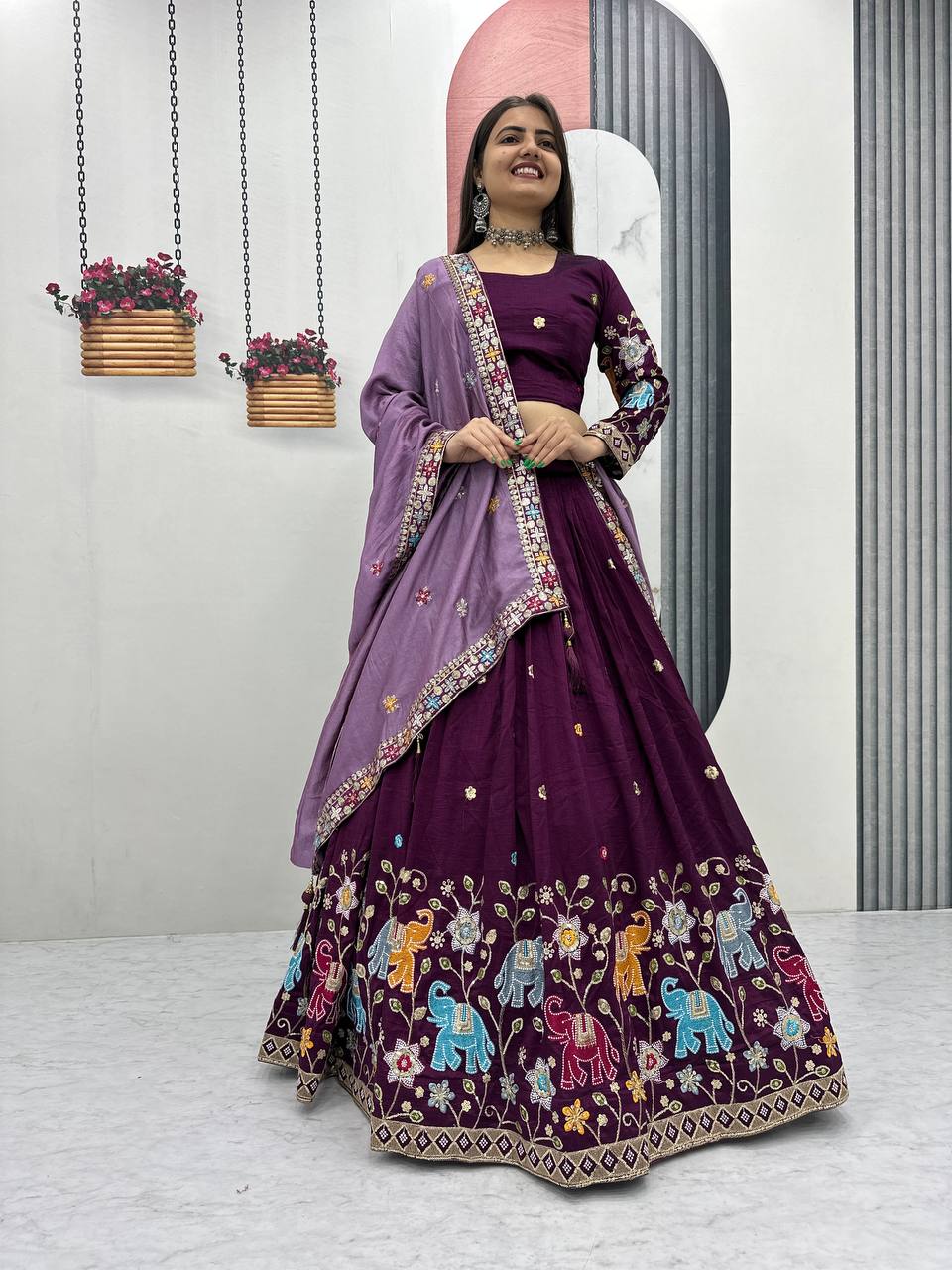 Elegant Pure Vichitra Silk Lehenga And Choli with Silk Dupatta