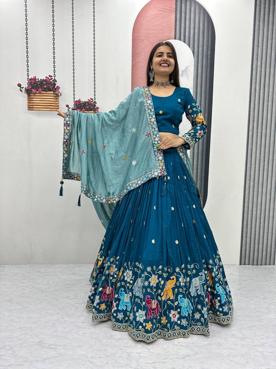 Elegant Pure Vichitra Silk Lehenga And Choli with Silk Dupatta