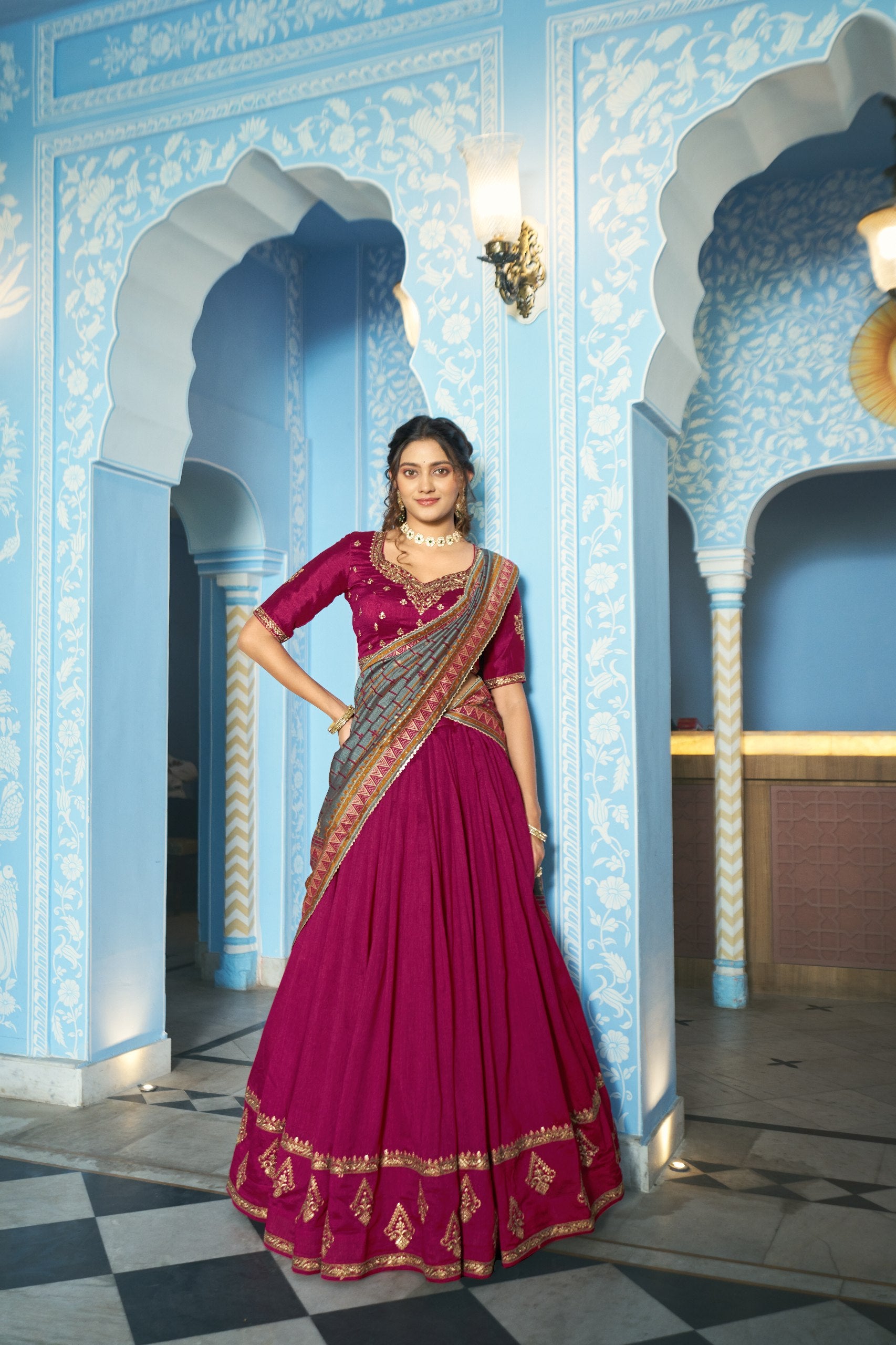 Festive Wear Vichitra Silk Sequins & Thread Embroidery Lehenga Set
