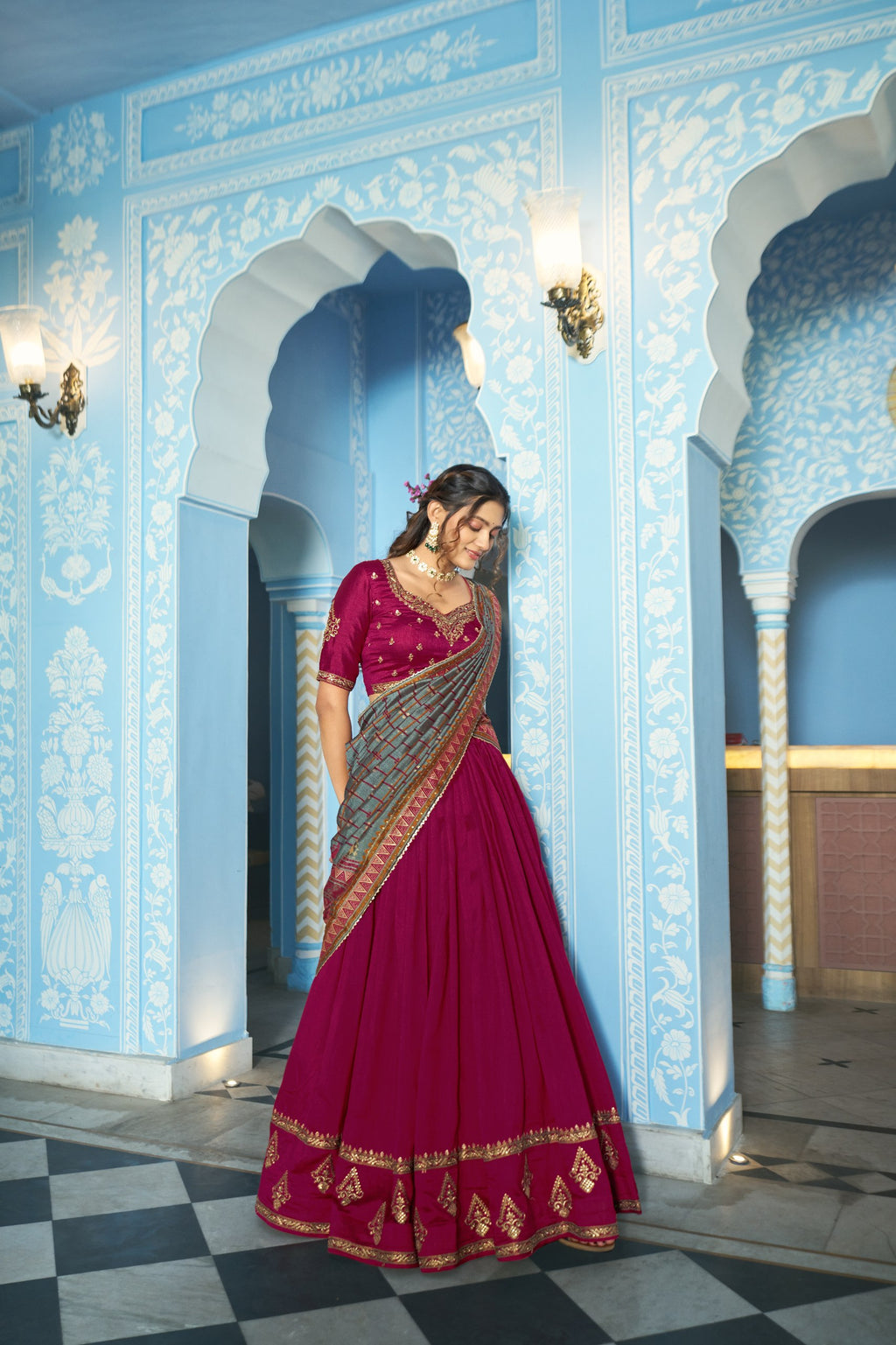Festive Wear Vichitra Silk Sequins & Thread Embroidery Lehenga Set
