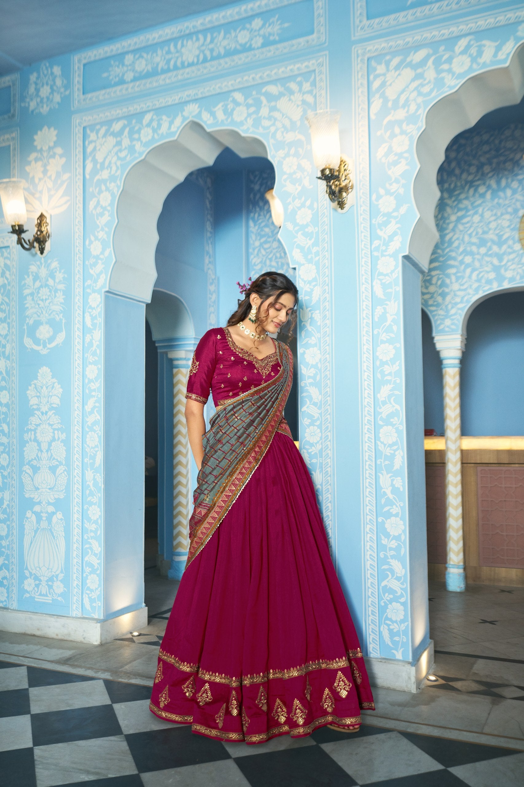 Festive Wear Vichitra Silk Sequins & Thread Embroidery Lehenga Set
