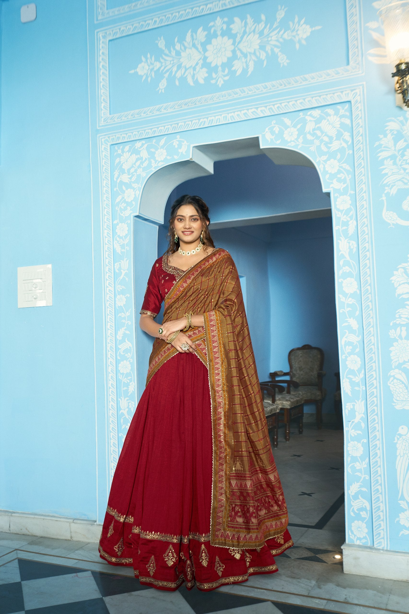 Festive Wear Vichitra Silk Sequins & Thread Embroidery Lehenga Set
