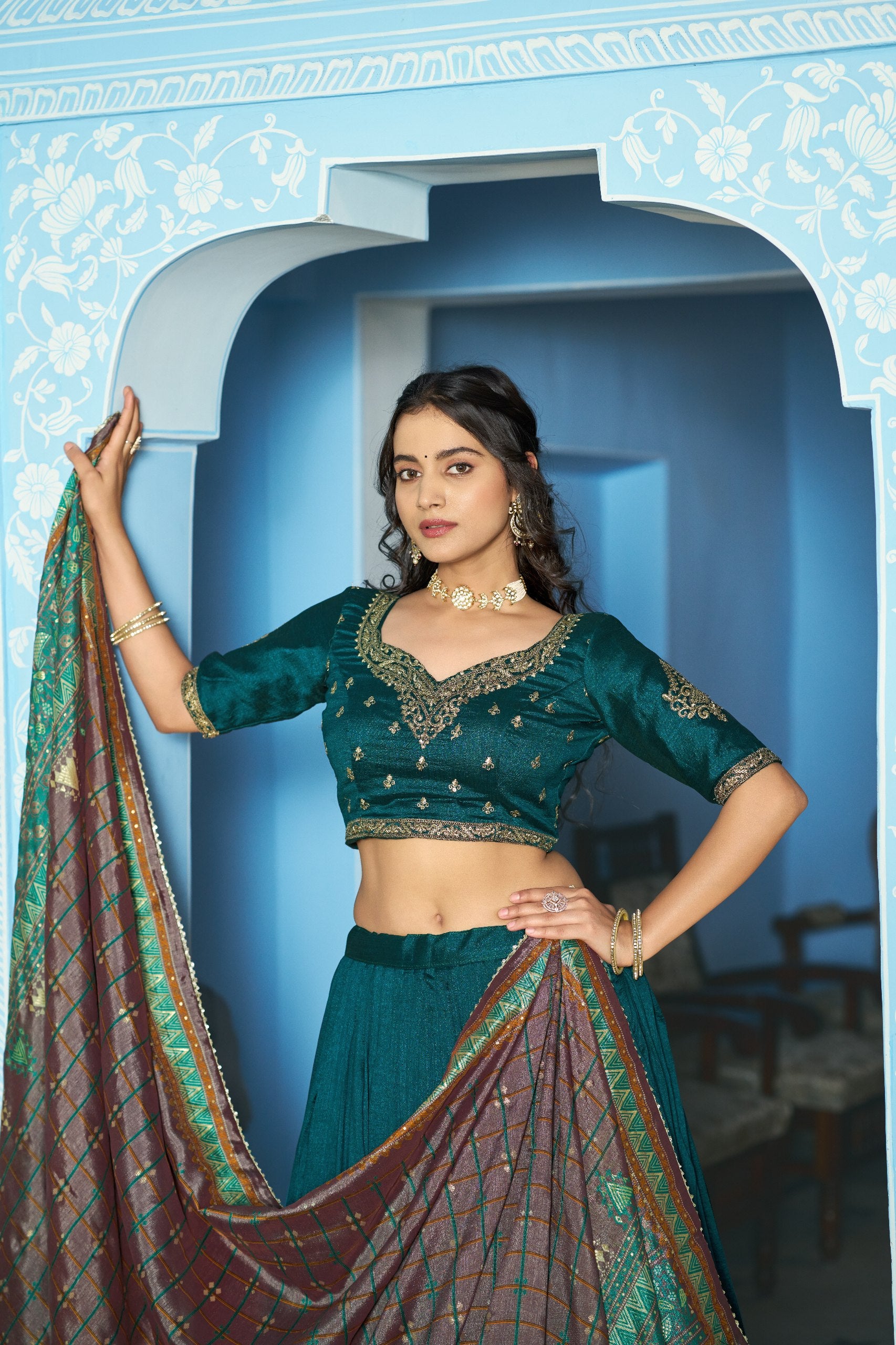 Festive Wear Vichitra Silk Sequins & Thread Embroidery Lehenga Set
