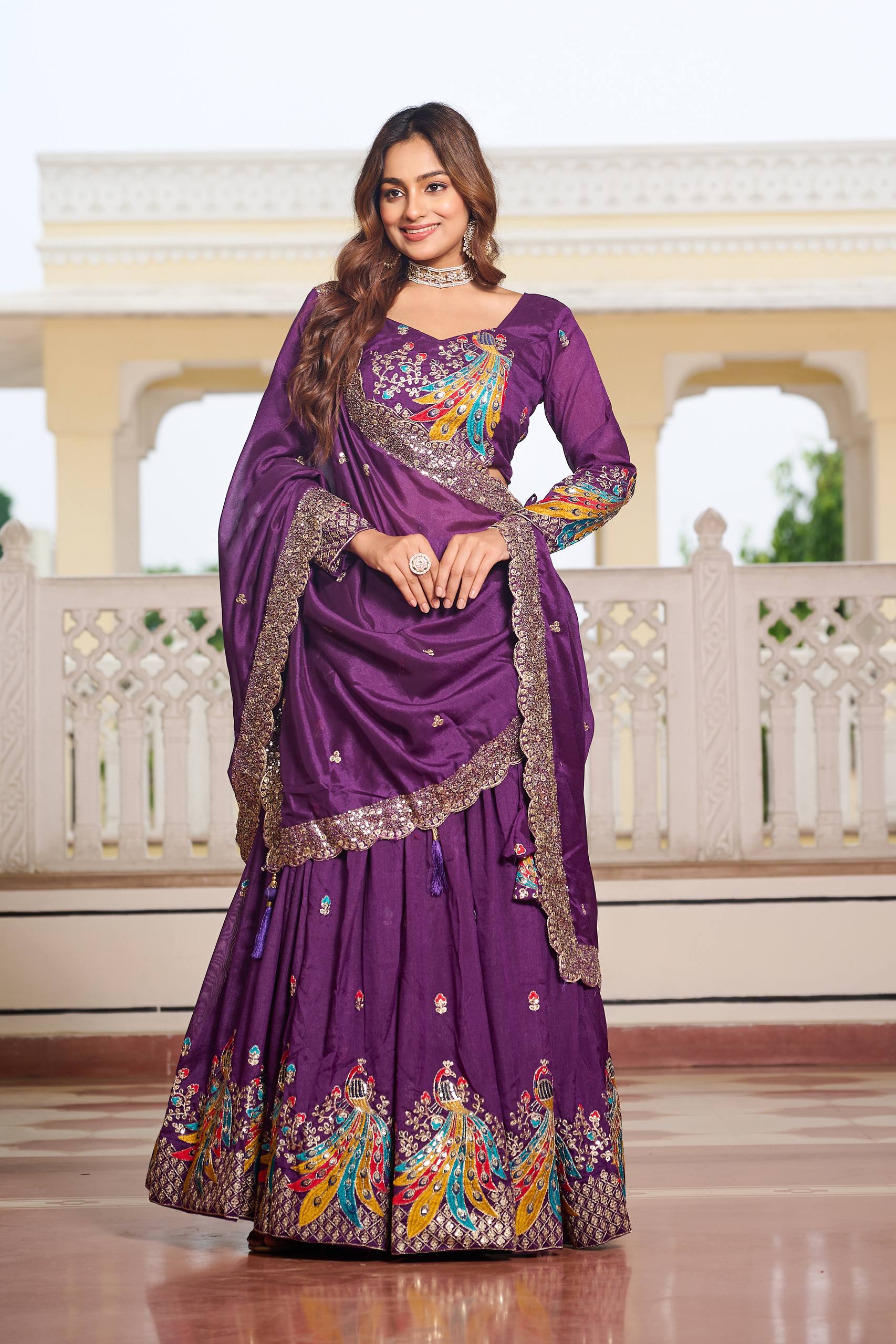 Premium Vichitra Silk with Heavy Embroidery Sequence & Thred Work Lehenga Choli Set
