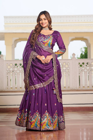 Premium Vichitra Silk with Heavy Embroidery Sequence & Thred Work Lehenga Choli Set
