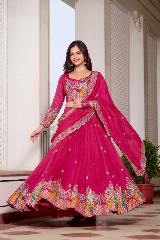 Premium Vichitra Silk with Heavy Embroidery Sequence & Thred Work Lehenga Choli Set
