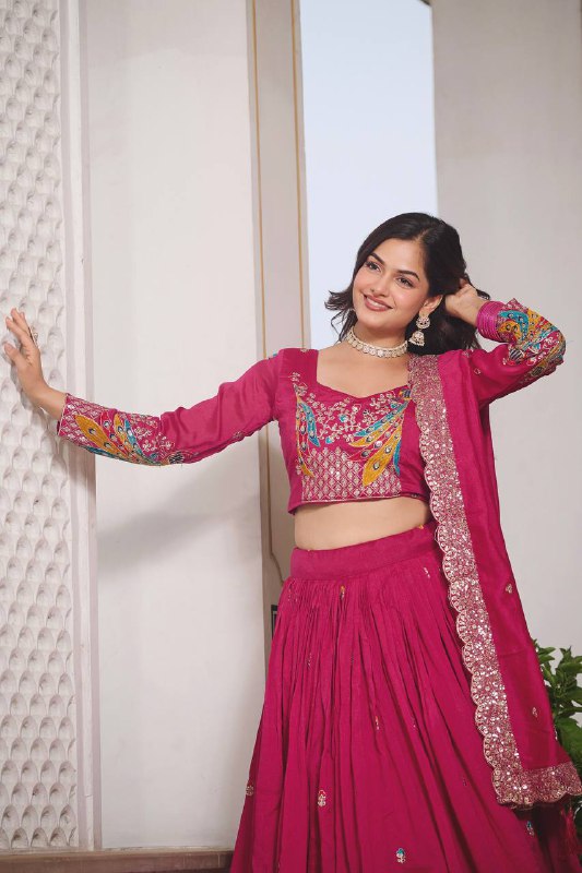 Premium Vichitra Silk with Heavy Embroidery Sequence & Thred Work Lehenga Choli Set
