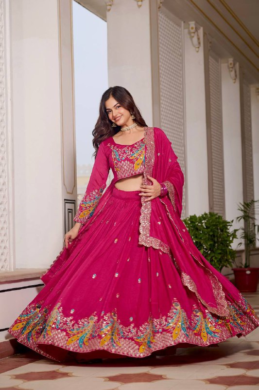 Premium Vichitra Silk with Heavy Embroidery Sequence & Thred Work Lehenga Choli Set
