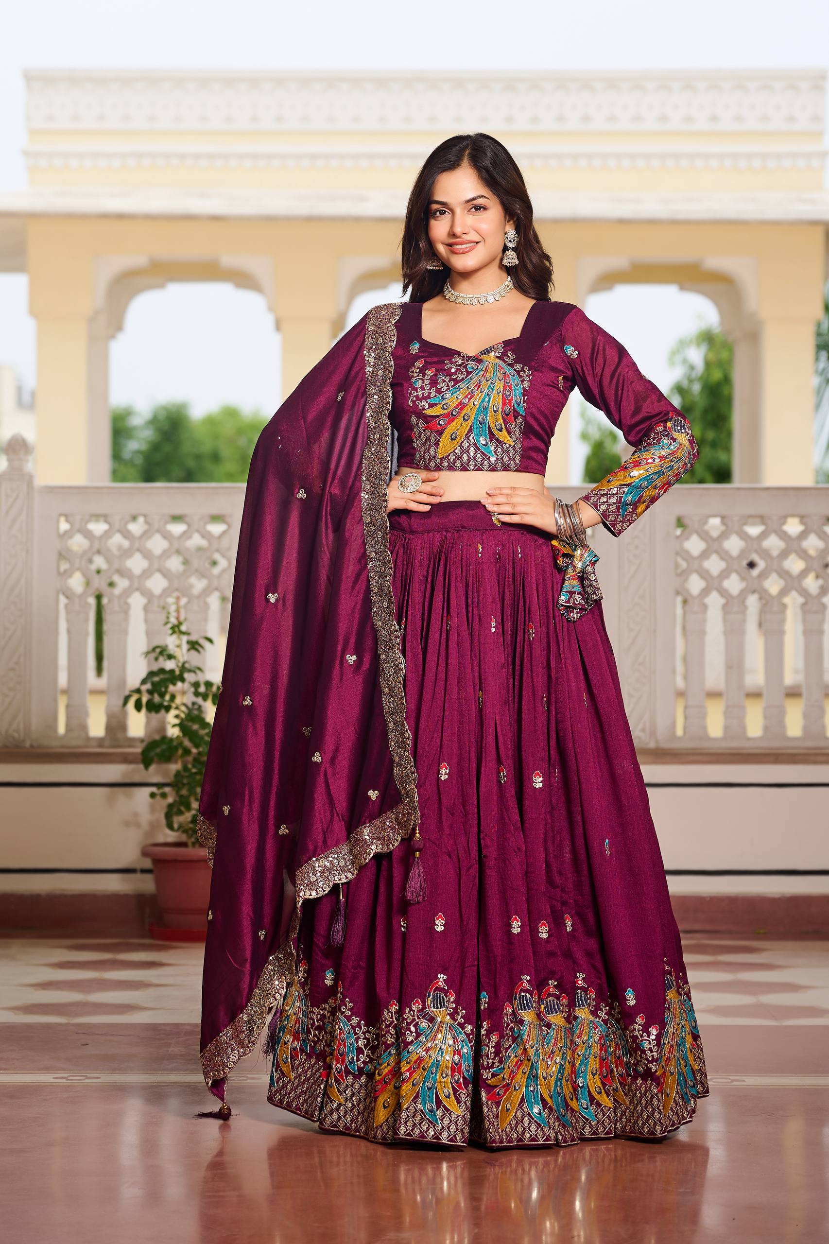 Premium Vichitra Silk with Heavy Embroidery Sequence & Thred Work Lehenga Choli Set
