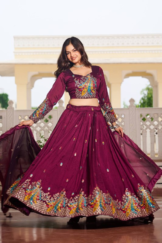 Premium Vichitra Silk with Heavy Embroidery Sequence & Thred Work Lehenga Choli Set
